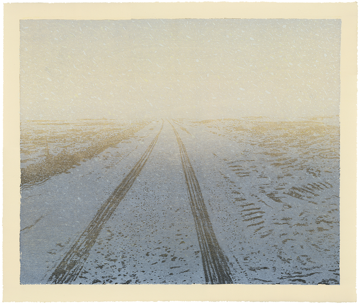 A straight road with double yellow lines stretches toward the horizon across a flat, snow-covered landscape under a pale, overcast sky. The composition uses muted tones of white, gray, and tan to create a stark, minimalist perspective emphasizing the road's vanishing point.
