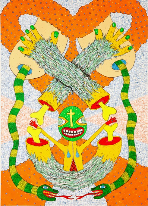 A symmetrical composition featuring a green-eyed creature with an orange furry head and gray-streaked face, centered with outstretched yellow arms and legs. The figure wears a green cross pendant and red mouth, flanked by green and yellow striped serpentine forms, set against an orange dotted background with cream and pale pink sections. The work is rendered in bold, vivid colors with detailed ink and gouache application.
