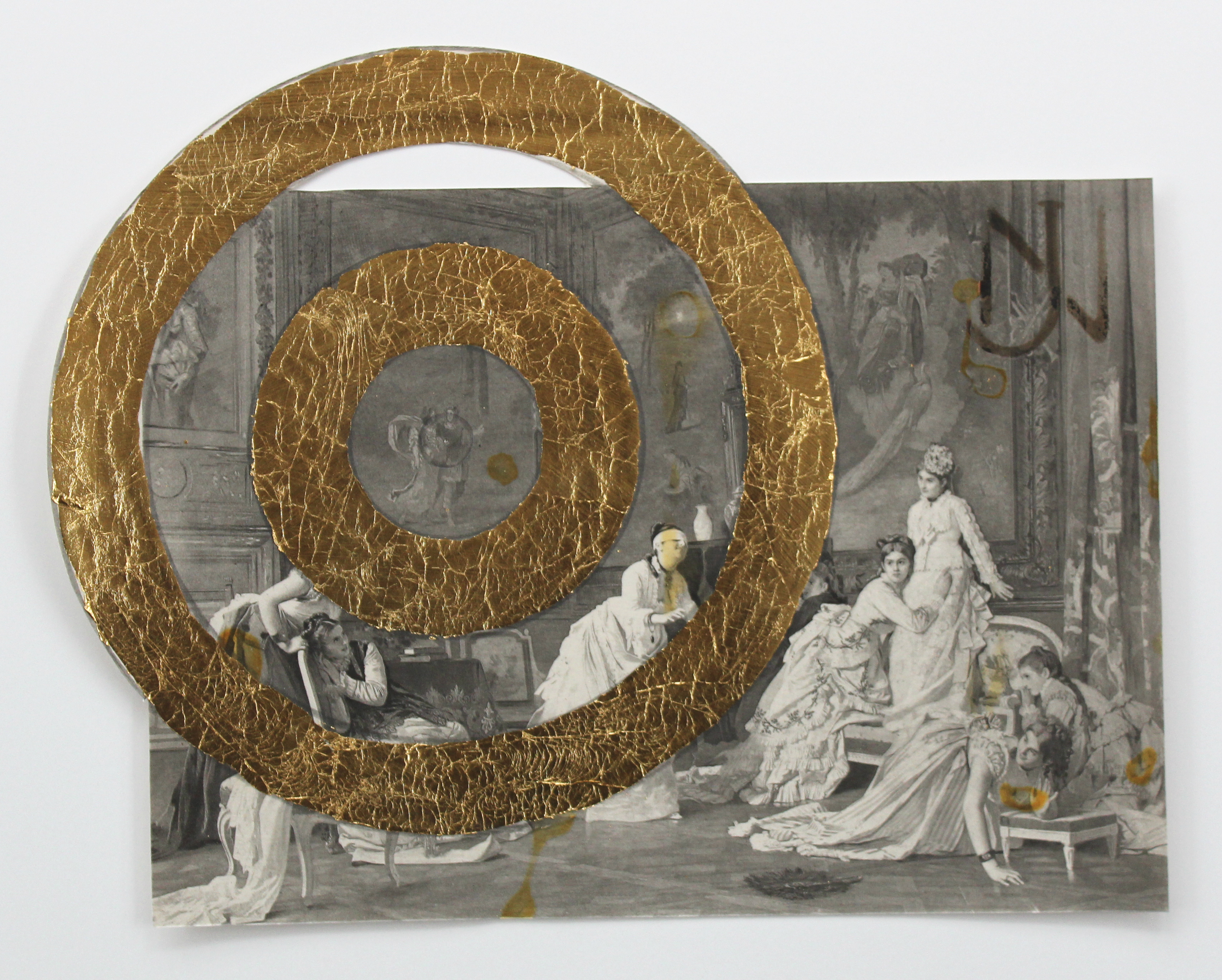 Gold leaf concentric circles cut through an antique engraving depicting an 18th-century interior scene with elegantly dressed figures engaged in a parlor game. The crackled metallic rings frame multiple figures in flowing white garments arranged across a classical architectural space.