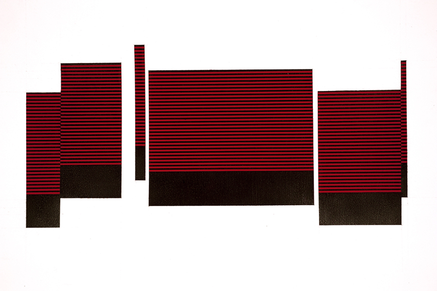 Abstract composition featuring bold horizontal striations in deep red and black arranged in rectangular forms across a light background. The layered, geometric shapes create a sense of architectural or landscape-like planes through contrasting linear patterns and solid dark masses.