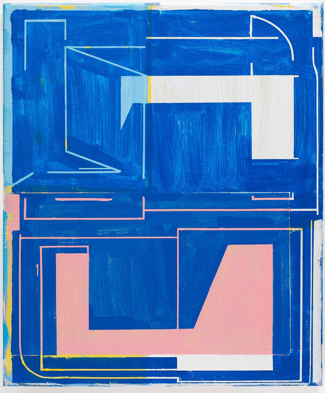 Abstract geometric composition on canvas dominated by cobalt blue, featuring overlapping white, cream, and pink rectangular forms outlined in white and coral lines. Yellow accents trace curved and linear elements along the edges, creating a layered architectural or blueprint-like composition.