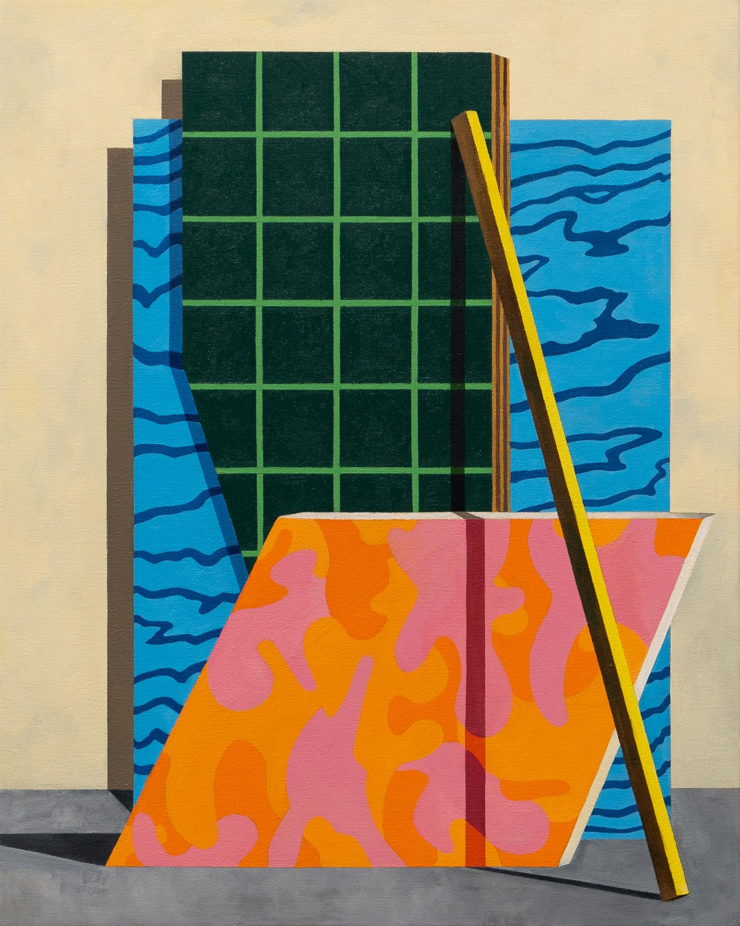 A geometric abstract composition featuring layered rectangular forms in contrasting colors: a dark teal grid-patterned panel dominates the upper center, flanked by blue wave-patterned sections, while a vibrant orange and pink patterned trapezoid occupies the lower foreground. A yellow and brown diagonal rod leans across the composition, creating dynamic movement against the cream-colored background and gray floor plane. Sharp shadows enhance the three-dimensional illusion of stacked, tilted planes.