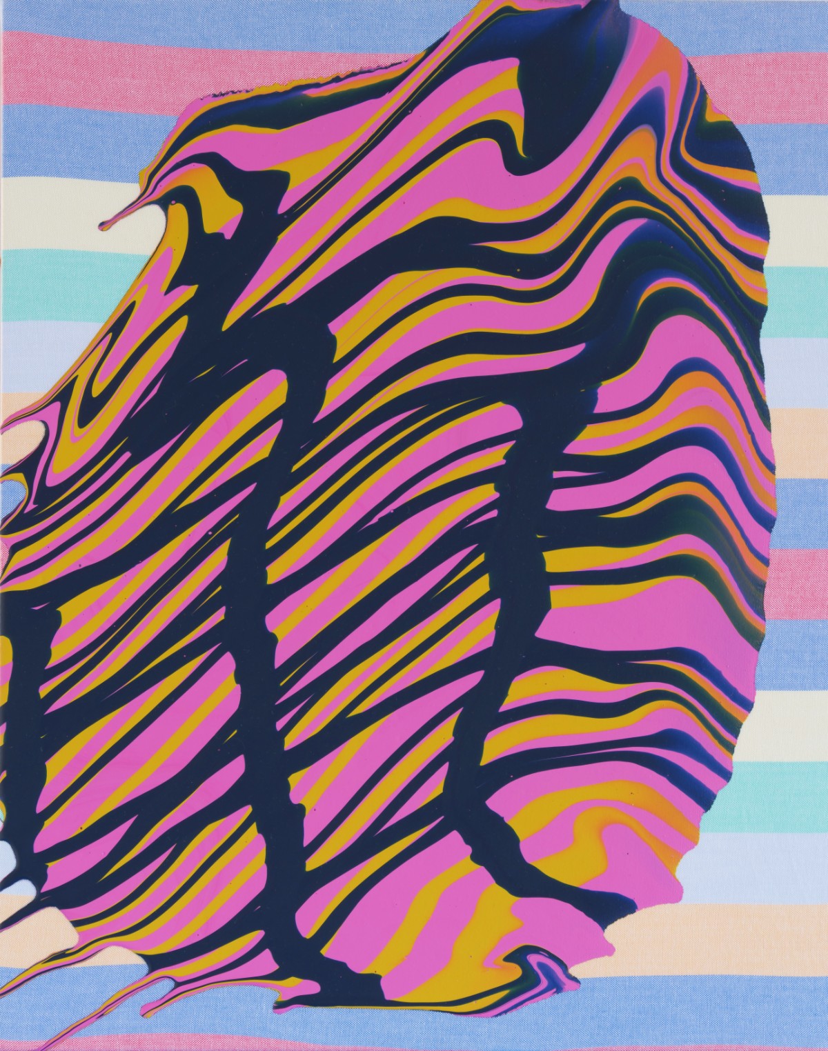 A vibrant abstract profile of a head in silhouette, filled with flowing wavy lines in hot pink, golden yellow, and navy blue. The figure is set against a pastel striped background in soft blue, pink, cream, and cyan, creating a bold contrast between the energetic interior and serene backdrop.