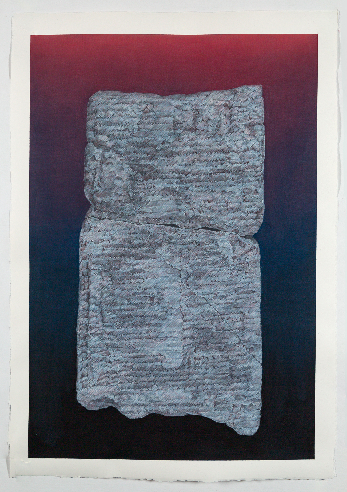 A pale gray textured rectangular stone tablet with cuneiform markings displayed vertically against a gradient background that transitions from deep burgundy at the top to black at the bottom.