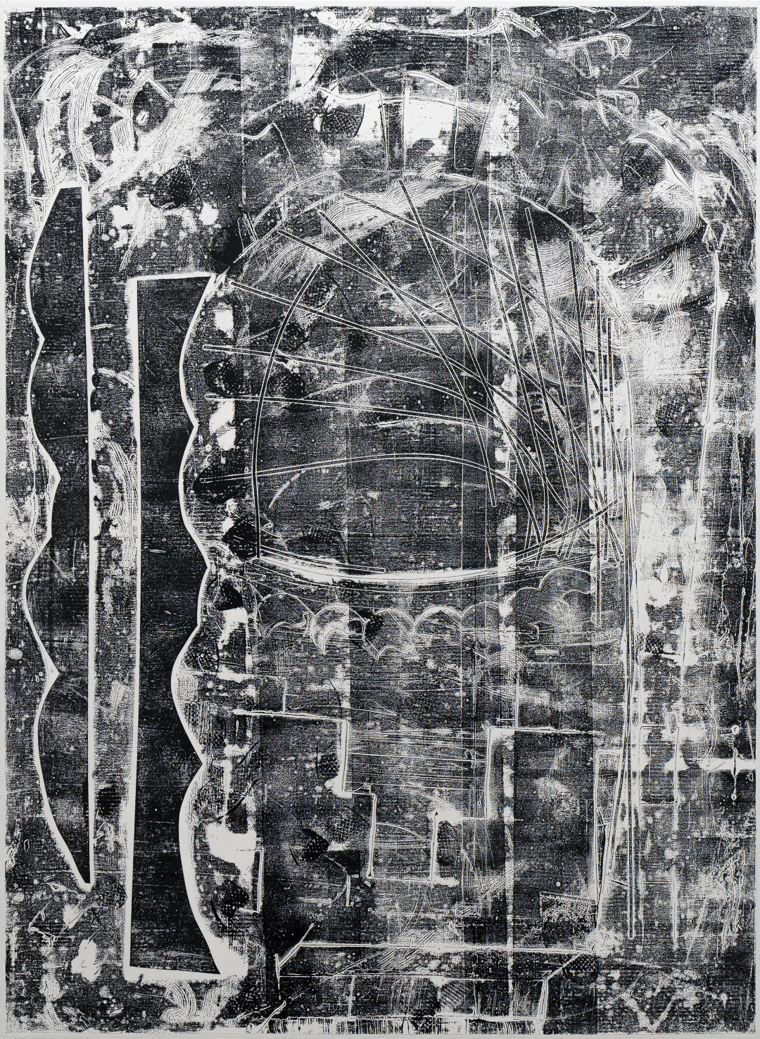 Abstract black and white composition featuring gestural curved lines and organic forms layered over a textured, heavily marked surface with areas of weathered white and dark tones creating depth and movement throughout.