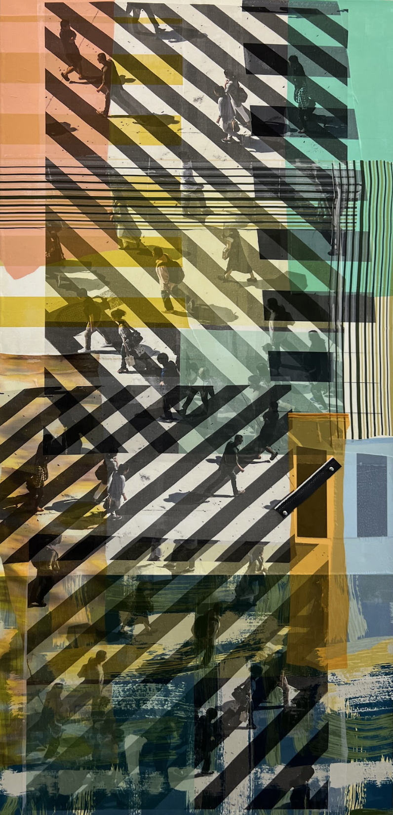 Layered composite artwork featuring silhouettes of pedestrians crossing striped passages, overlaid with diagonal geometric patterns in black, white, yellow, and green. Multiple transparent planes create depth, with abstracted architectural elements and colored rectangular forms visible throughout the composition.