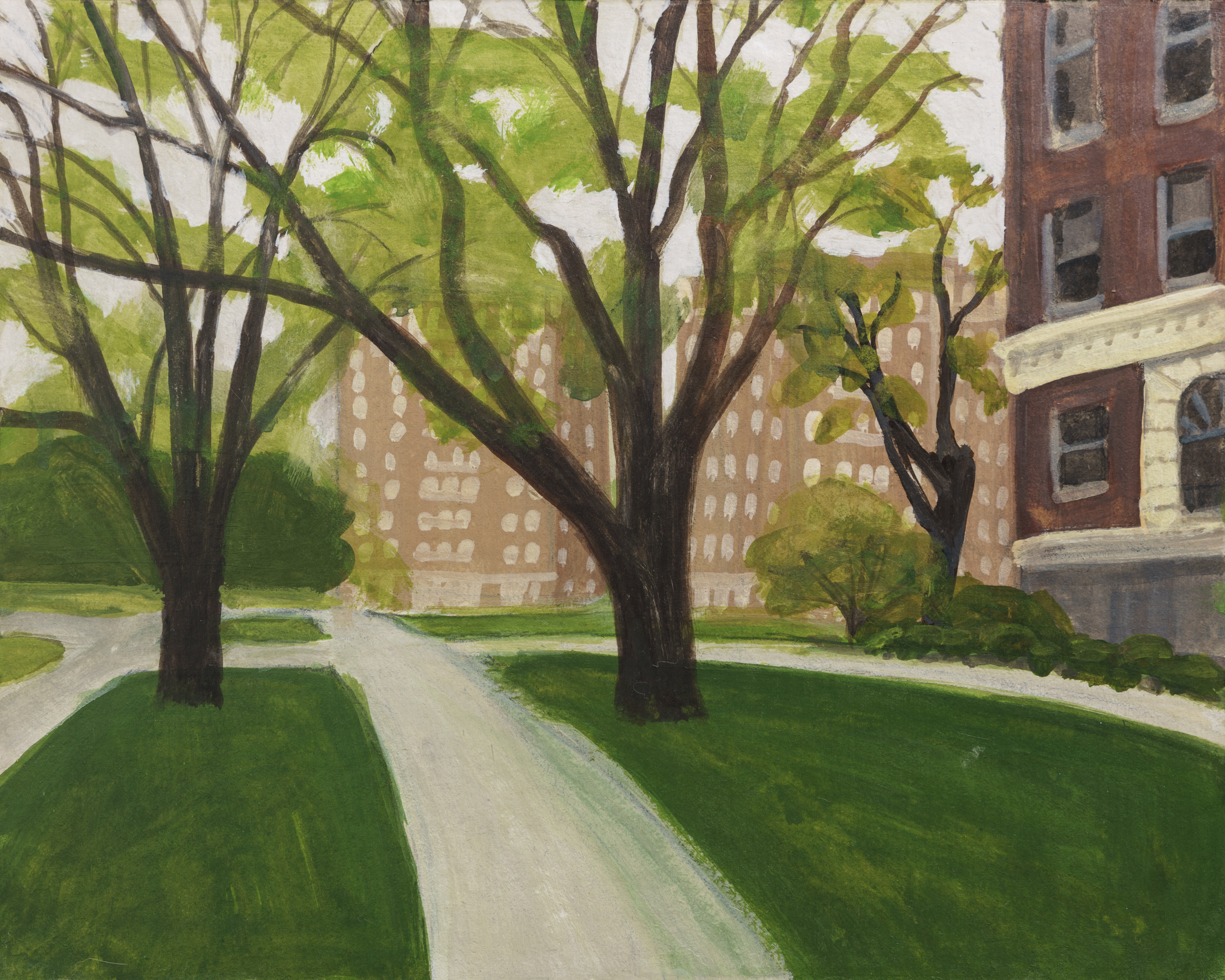 A tranquil urban courtyard painted in muted greens and browns, with large leafy trees casting shadows across a manicured lawn and pathways. Brick apartment buildings with regular window patterns frame the scene in the background, their warm terracotta tones contrasting with the verdant foreground rendered in soft, atmospheric brushwork.