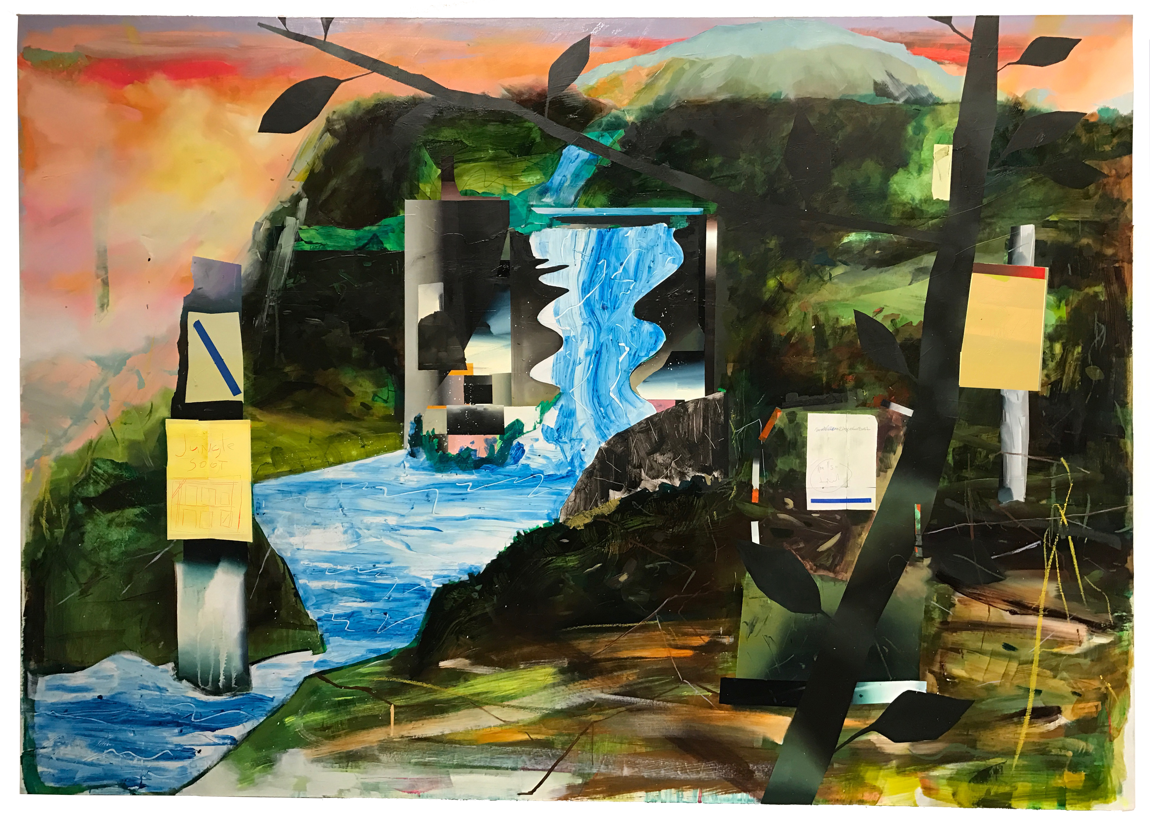 Mixed media landscape painting featuring a stylized waterfall and stream flowing through layered terrain, with bold geometric shapes in black, yellow, and cream overlaying lush green vegetation. The composition combines gestural brushwork with architectural forms, set against a dramatic sky transitioning from orange and red to soft green tones.