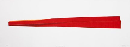 A bold red brushstroke or tapered form extends diagonally across a white background, appearing to taper toward the right side of the composition.