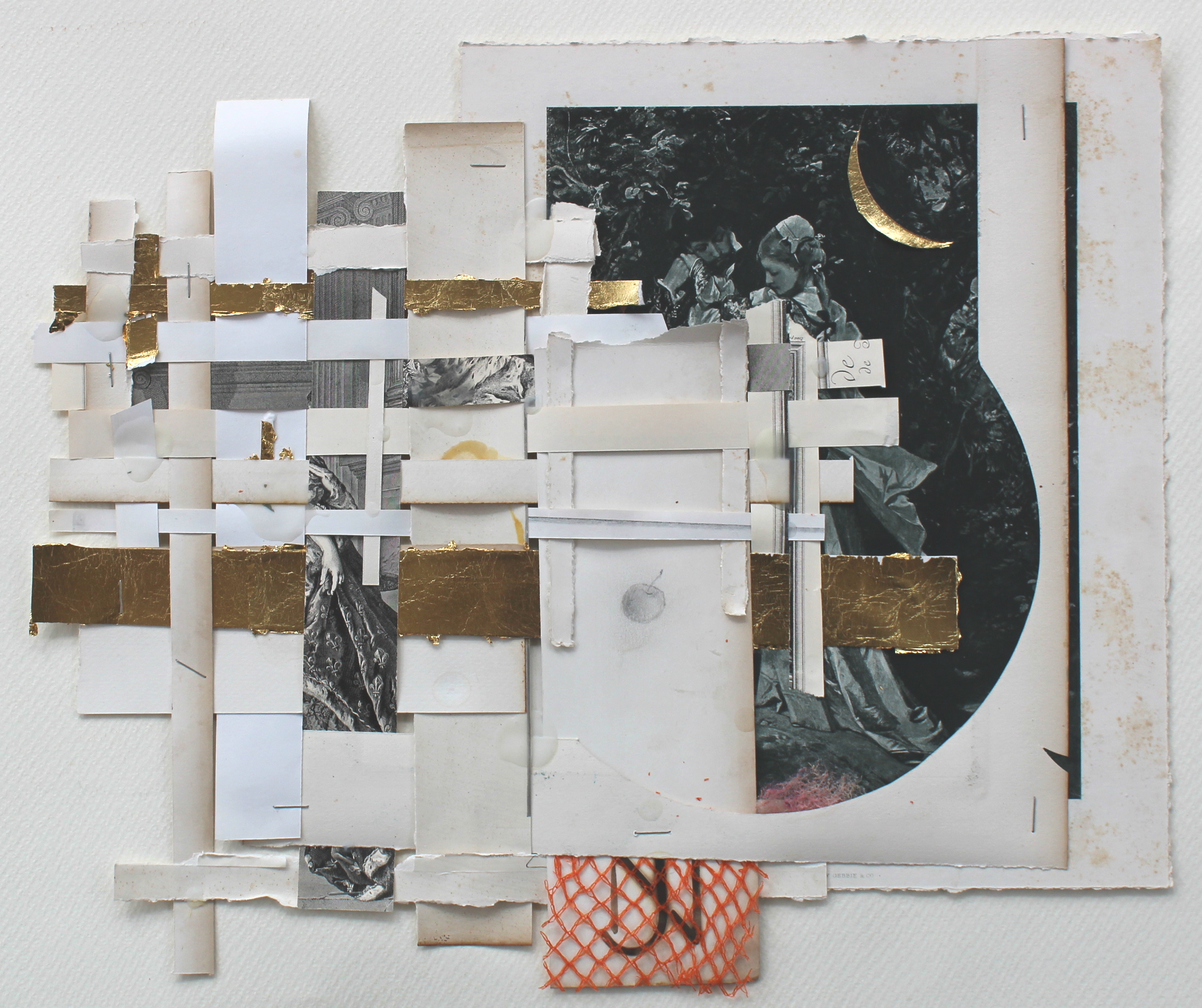 A layered mixed-media collage on paper features overlapping white and cream-colored rectangular fragments arranged across a central dark image depicting botanical and figurative elements. Gold leaf accents and strips of patterned fabric, including orange geometric print, interrupt the composition, while a crescent moon and foliage are visible within the obscured photograph beneath.