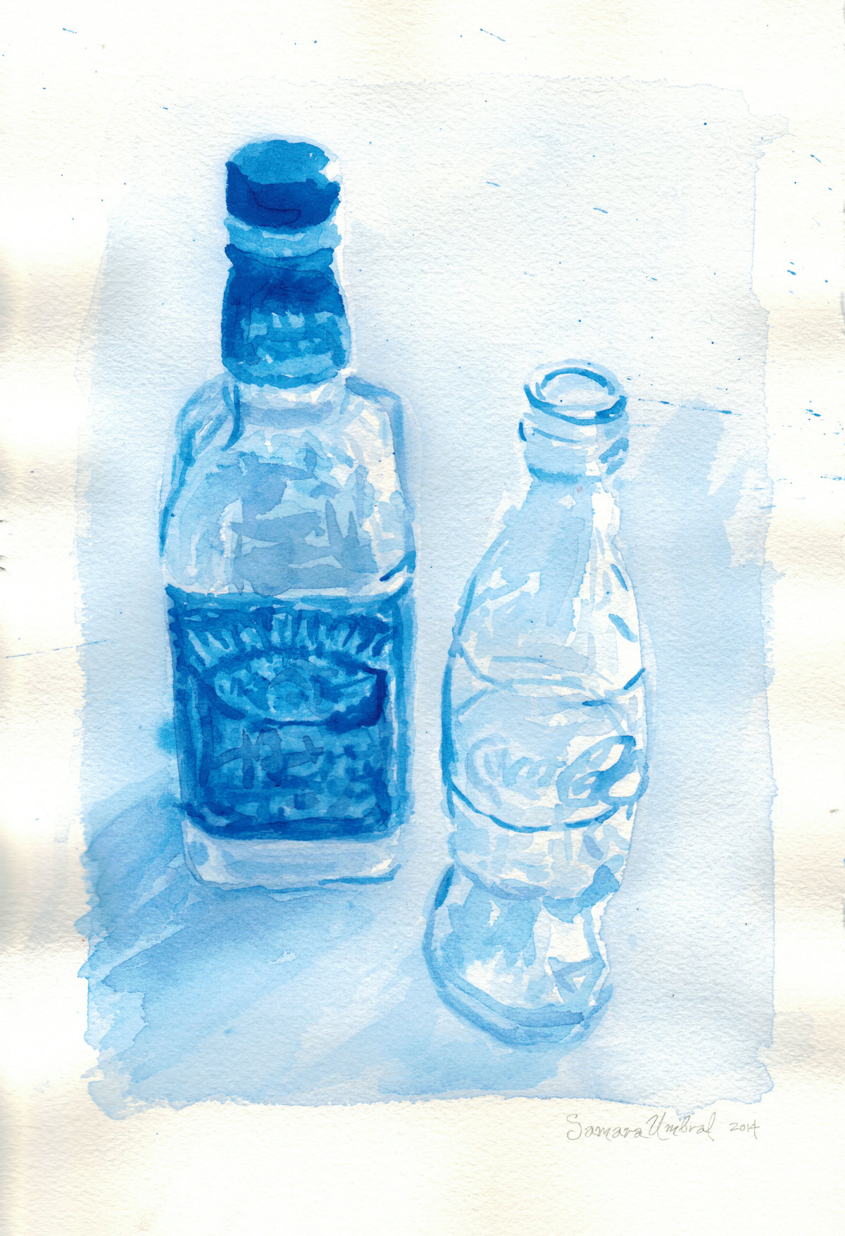 Two glass bottles rendered in monochromatic blue watercolor against a light cream background, with the larger bottle on the left featuring a dark label and the smaller bottle on the right appearing more transparent. Soft washes and layered translucent tones create depth and luminosity in the composition.