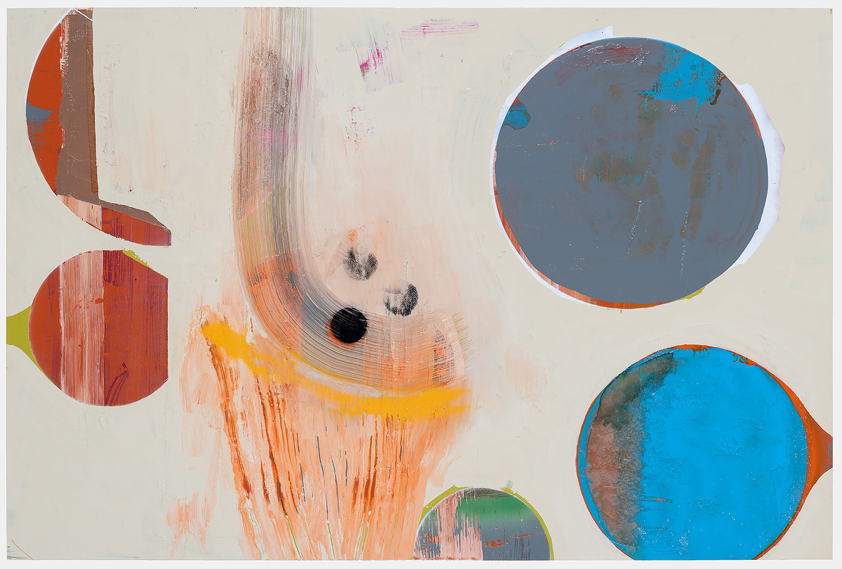Abstract mixed-media painting on canvas featuring gestural brushstrokes in orange, red, and yellow tones intersecting with geometric circular forms in blue and gray. Circular elements with colored borders—red, yellow, and white—are positioned across the composition against a cream-colored background, creating a dynamic interplay between expressive mark-making and structured shapes.