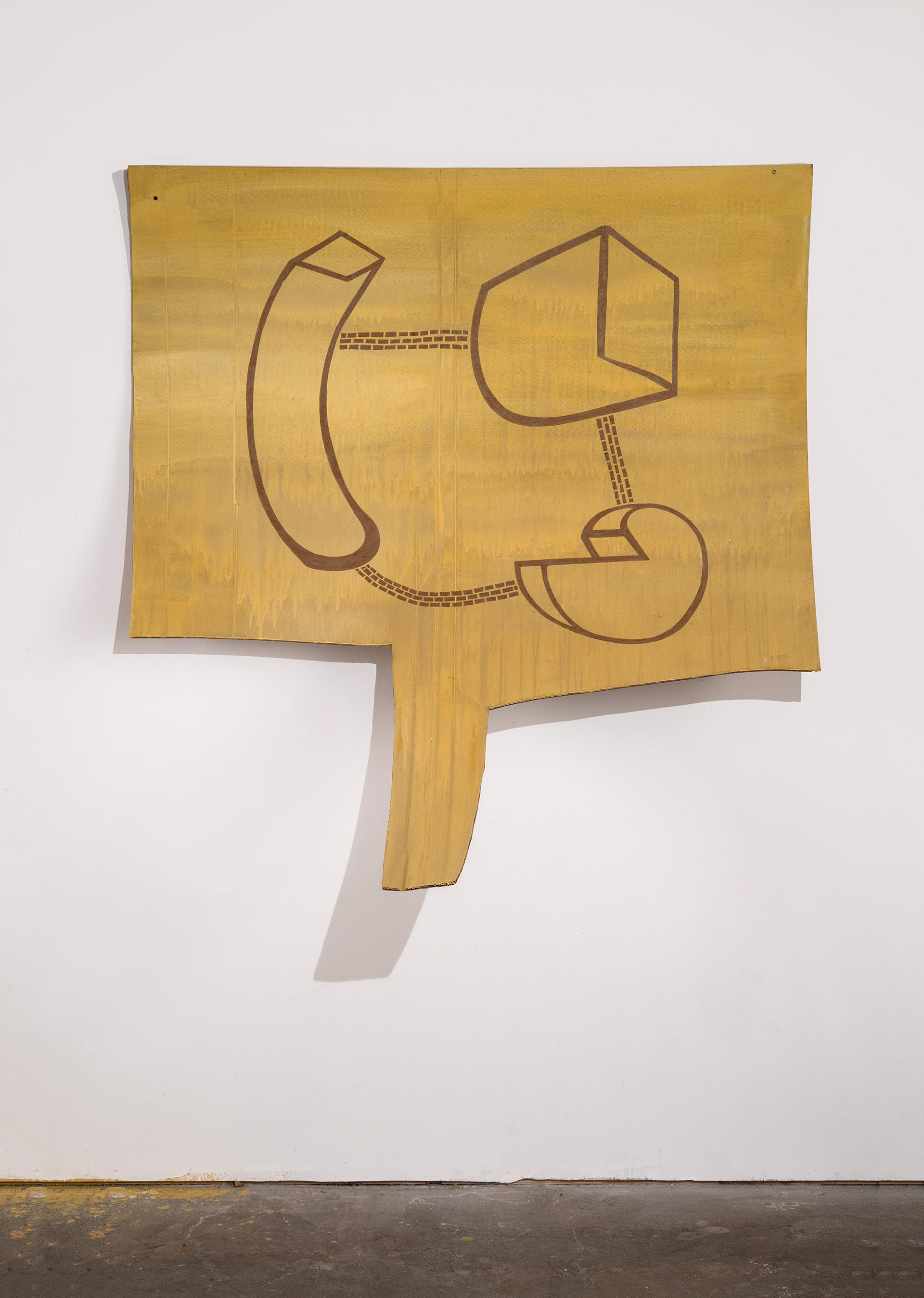 Irregular wooden panel in warm ochre tones with brown line drawings depicting abstract geometric forms connected by dotted lines, mounted on a white gallery wall.