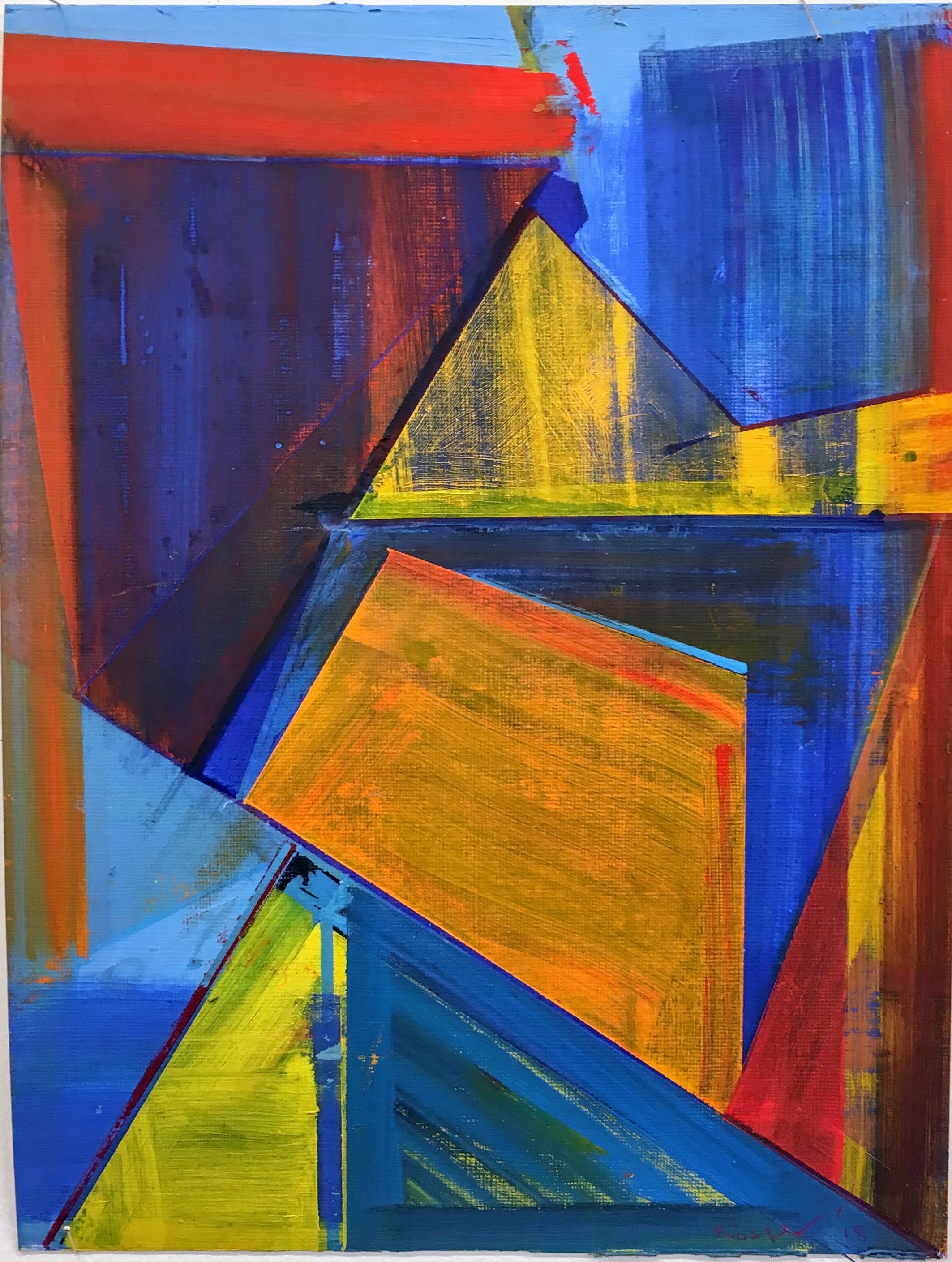 Abstract composition featuring overlapping geometric shapes—triangles and rectangles—rendered in vibrant primary colors including blue, yellow, orange, and red. The angular forms create a sense of fragmentation and depth against a predominantly blue background, with visible brushwork and layered paint application throughout.