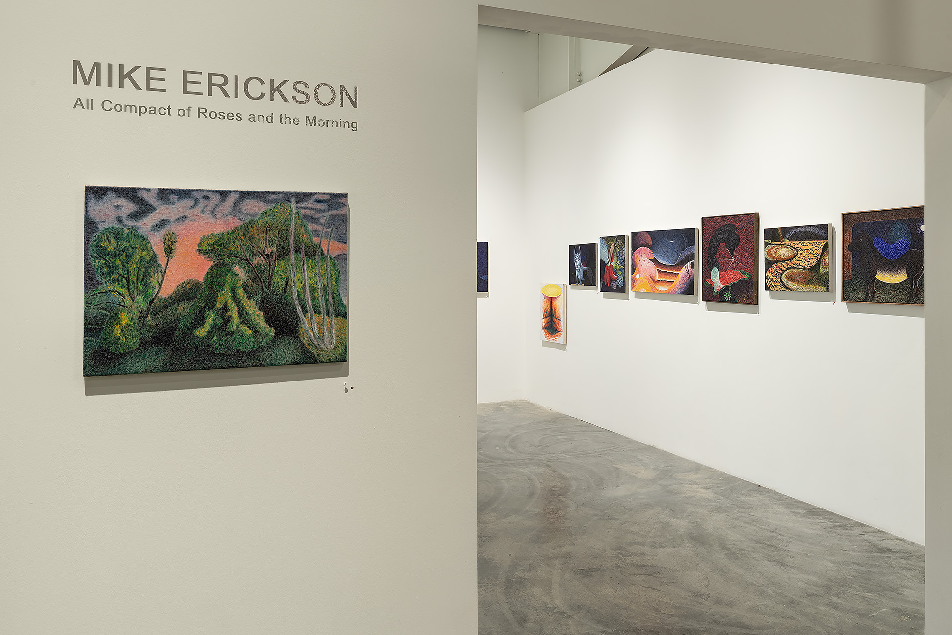 Gallery interior with white walls displaying a collection of colorful artworks. On the left wall, a large horizontal painting depicts a lush green forest landscape with an orange-toned sky and water. The right wall features a series of smaller framed works in rich jewel tones—deep blues, reds, golds, and purples—arranged in a loose horizontal line. The concrete floor and minimalist gallery setting emphasize the vibrant, expressive quality of the paintings, which feature naturalistic and abstract imagery suggesting themes of landscape and nature.