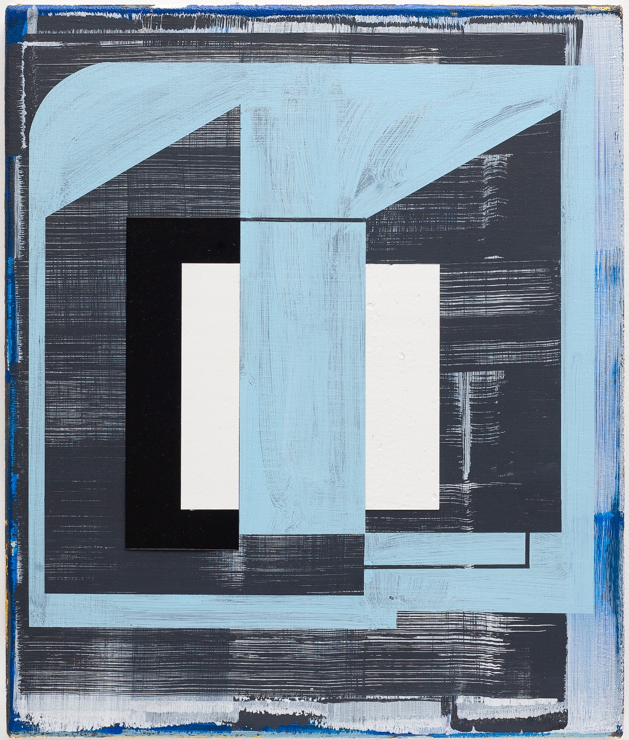 Abstract geometric composition featuring nested rectangular forms in light blue, black, and white, with horizontal linear marks and textures throughout. The layered shapes create a sense of depth and architectural structure against the pale blue ground.