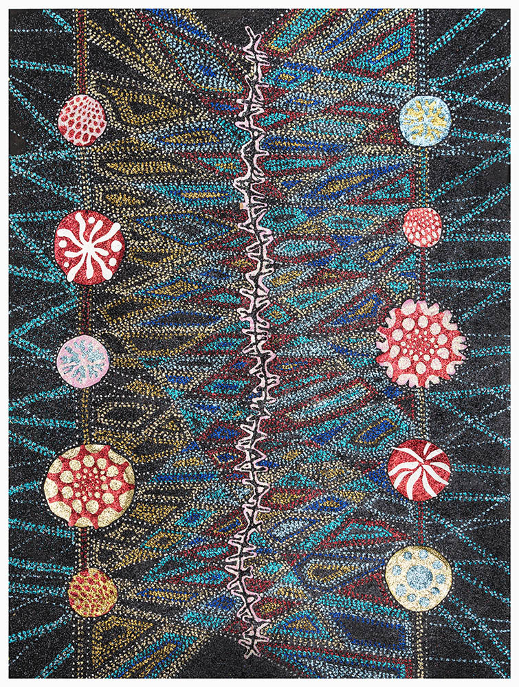 Abstract composition featuring a central vertical zigzag line dividing the composition, with radiating dotted lines in cyan, gold, and blue extending outward against a dark background. Spherical forms in red, pink, and cream tones populate both sides, decorated with intricate patterns including dots, geometric shapes, and segmented designs, created with cut paper, paint, and glitter.