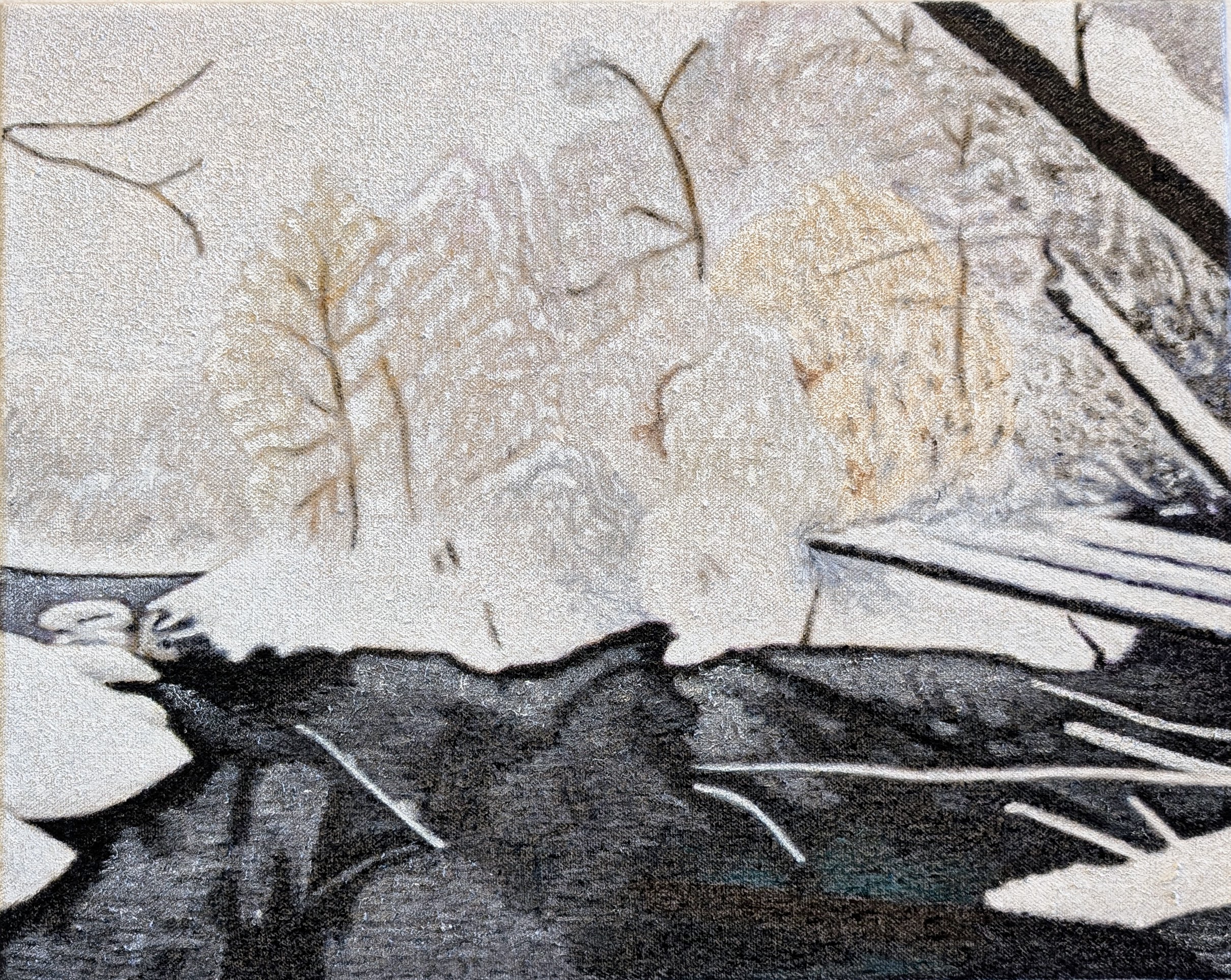A winter landscape with bare branches silhouetted against a pale, snow-covered background. Dark water or ice occupies the lower portion of the composition, contrasting sharply with the muted whites and taupes of the upper half. Thin linear forms suggest vegetation and natural elements rendered in subdued tones across the canvas surface.