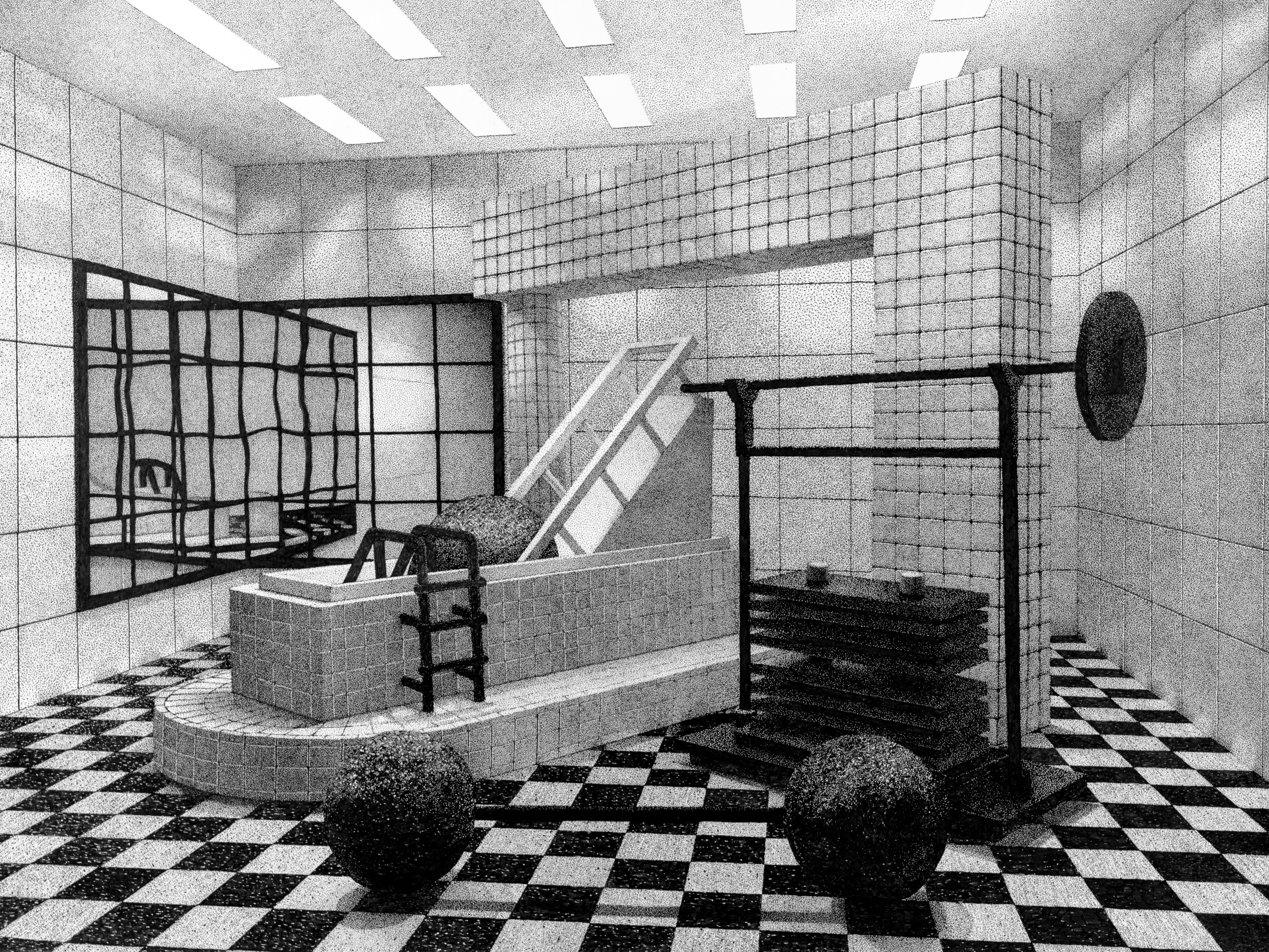 Black and white architectural drawing depicting an interior gymnasium or fitness space with tiled walls and a checkered floor. The composition features exercise equipment including a barbell with weight plates, a pull-up bar, and an enclosed cage-like structure, rendered in a precise, gridded linear style that creates a sense of geometric perspective and spatial depth.