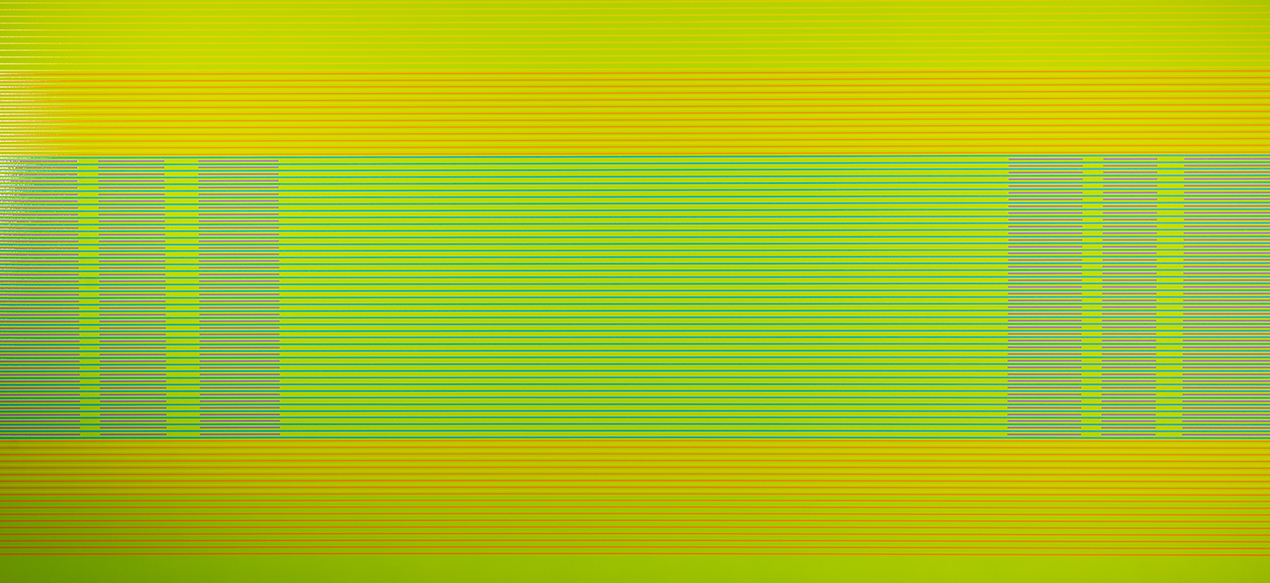 Horizontal bands of vibrant lime green and cyan create a rhythmic striped pattern across the composition, with rectangular blocks of color interrupting the flow on the left and right sides. The systematic, almost digital quality of the linear forms contrasts with the warm, organic yellow-green tones that dominate the upper and lower edges.