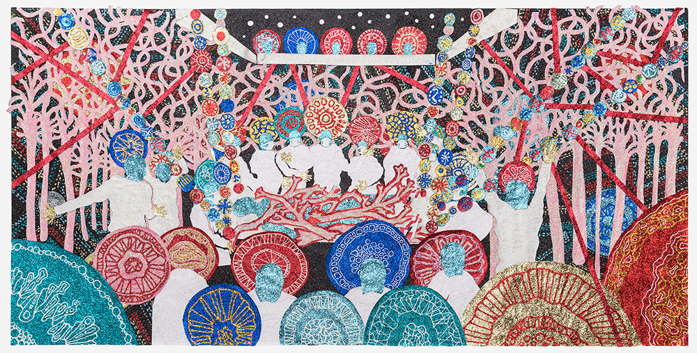 An intricate mixed-media composition featuring delicate cut-paper trees and foliage in pink and cream tones framing a central scene of white birds among ornamental circular medallions. Vibrant colors—turquoise, red, blue, and gold—dominate the lower portion with decorative mandala-like forms embellished with glitter, creating a layered, dreamlike landscape that blends natural and ornamental imagery.