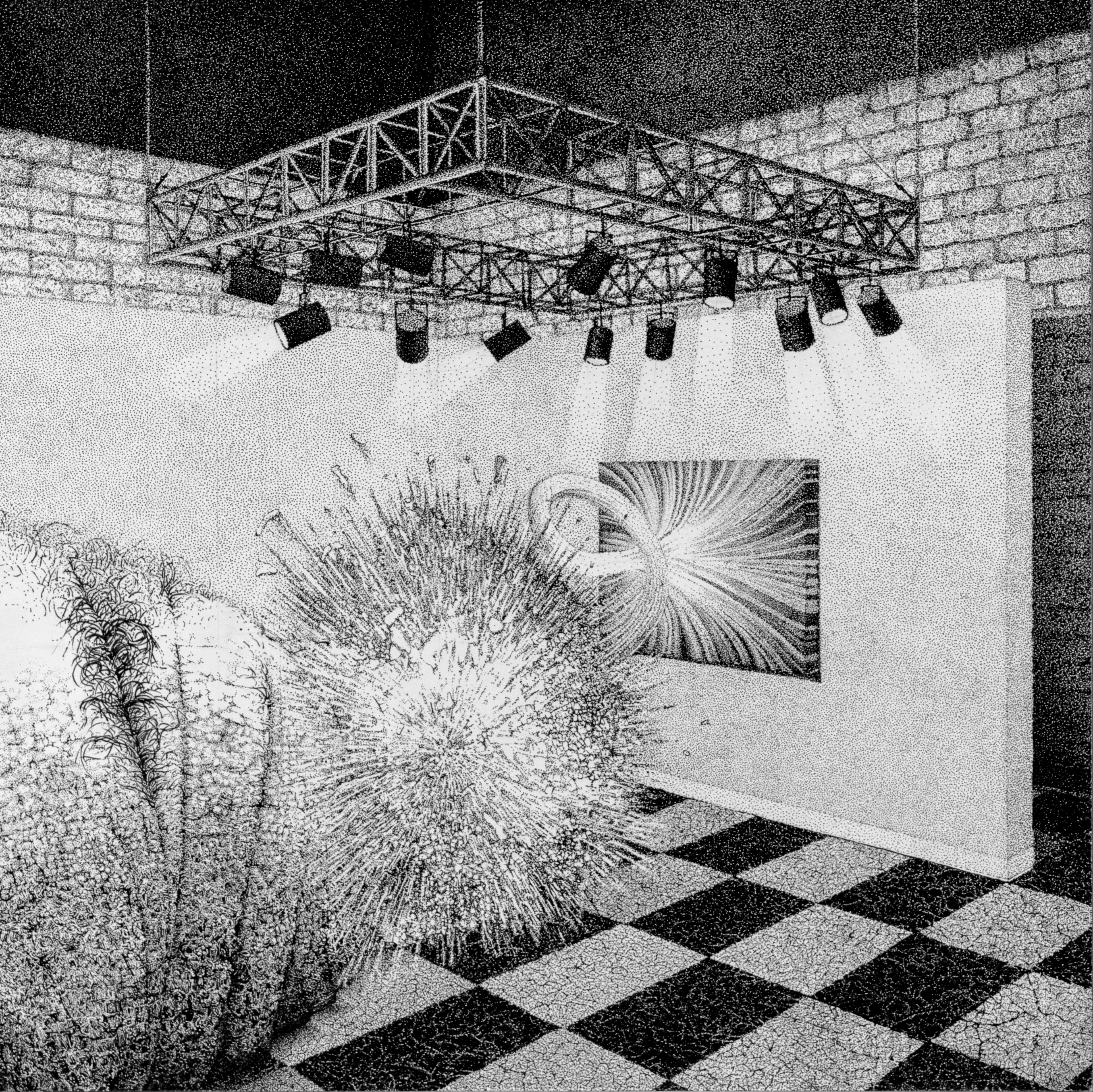 Black and white artwork depicting an interior gallery space with checkered flooring, potted plants, and a gallery wall displaying an artwork with radiating linear patterns. An industrial truss structure with suspended spotlights hangs from the ceiling above, creating a surreal juxtaposition between institutional exhibition design and organic botanical elements.