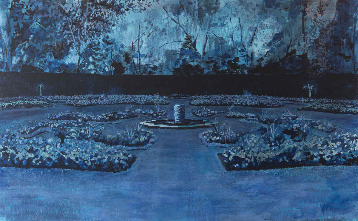 A moody nocturnal landscape painted in shades of blue and teal depicts a formal garden with a central fountain, bordered by flowering plants and trees silhouetted against a luminous sky. The composition uses layered brushwork and contrasting dark and light tones to create an ethereal, twilight atmosphere.
