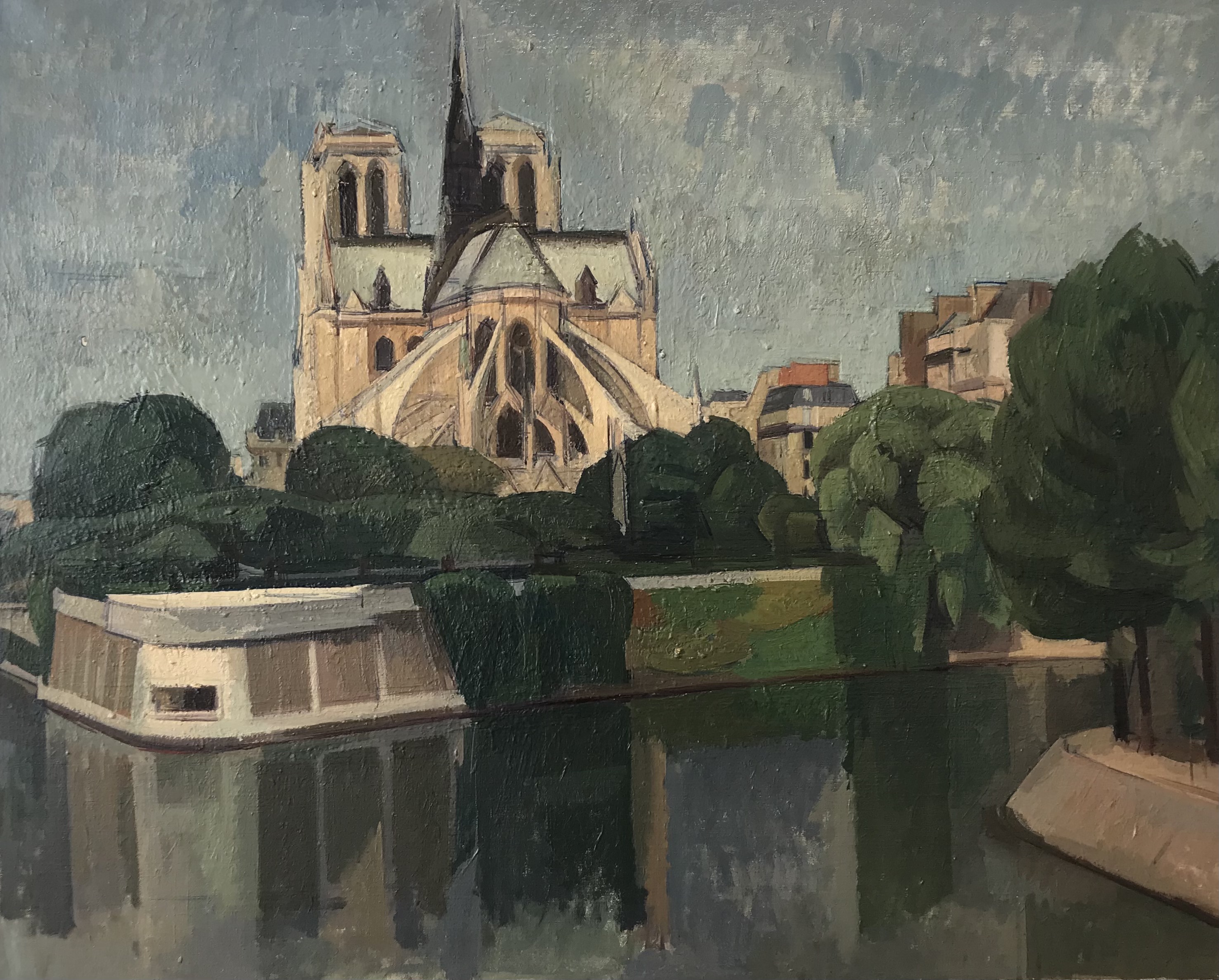 A Gothic cathedral with twin towers and a soaring central spire rises prominently against a grey, overcast sky, its cream-colored stone facade detailed with pointed arches and buttresses. The building is viewed across a calm river lined with dark green trees and period buildings, rendered in muted tones with visible brushwork characteristic of early modernist painting.