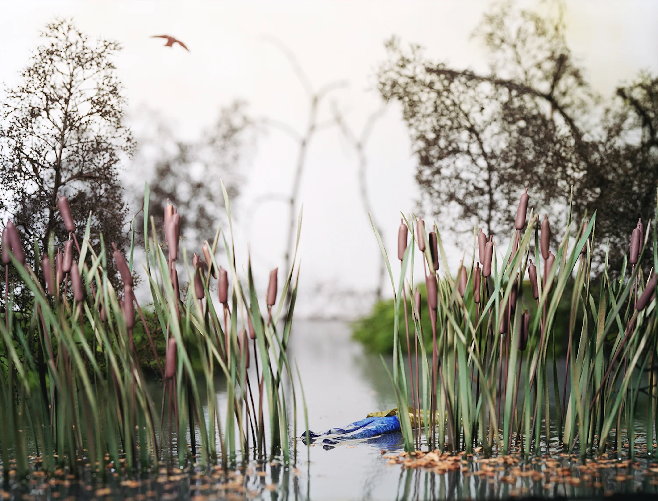 A wetland scene with purple-budded cattails in sharp focus framing either side of a shallow waterway. In the background, flowering trees with delicate white blossoms blur softly, while a blue crocodile or alligator floats partially submerged in the water between the reeds. A bird flies in the overcast sky above.