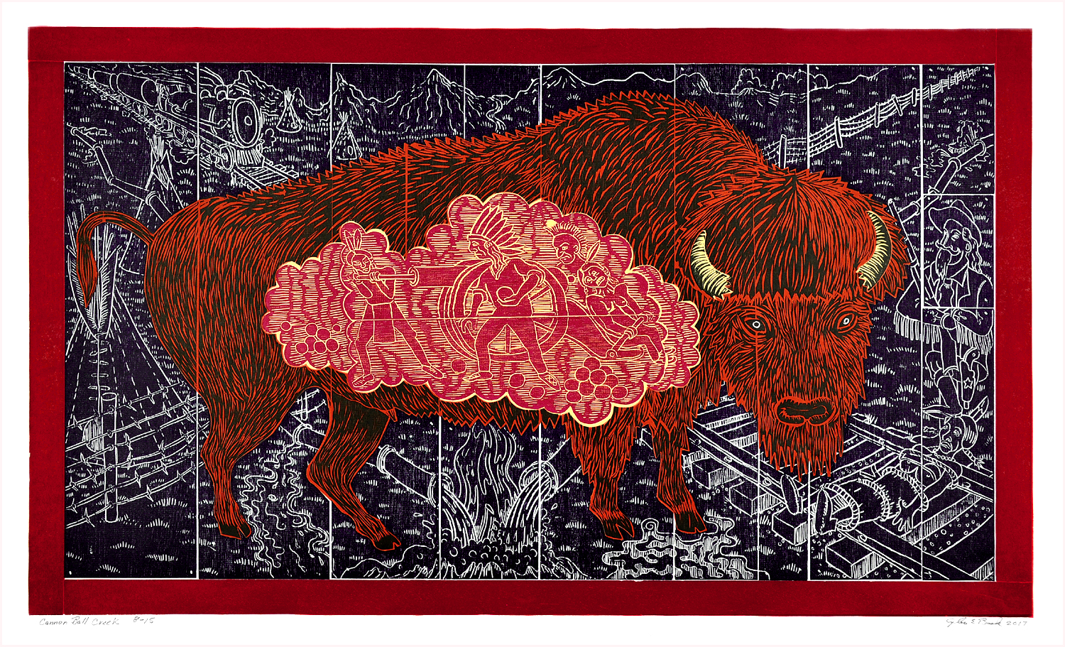 A striking woodcut print featuring a large red buffalo centered against an intricate black and white background. The buffalo's body frames a vibrant pink and gold cloud-like form filled with detailed figures and imagery. The composition is bordered by smaller black and white scenes with architectural and narrative elements, all set within a deep red frame.