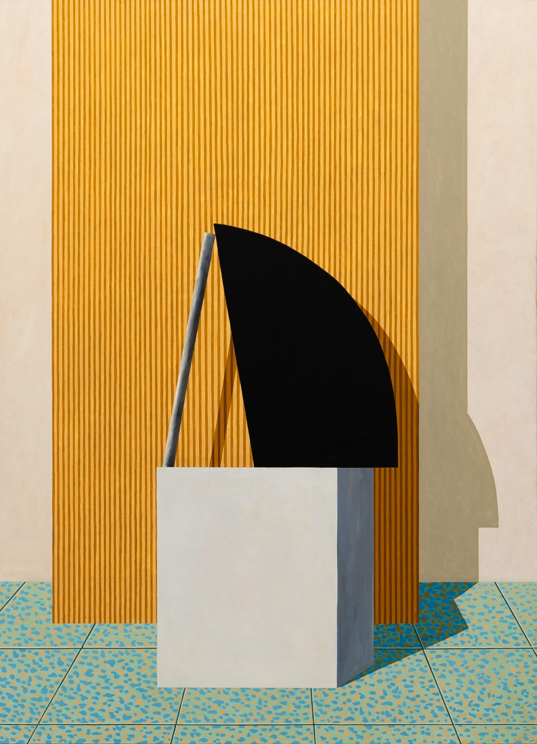 A minimalist composition featuring a white geometric form with a dark curved black sail-like shape rising from its top, set against a vertical golden-yellow ribbed wall. The foreground shows a blue patterned floor with geometric tiling, while a neutral beige wall segment appears on the right side, creating a stylized interior space rendered in cool and warm tones.