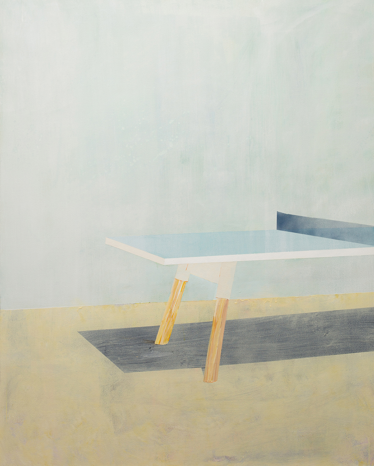 A minimalist painting depicting a ping-pong table rendered in soft, muted tones of pale blue, cream, and gray. The table is shown in perspective with wooden legs, set against a hazy, neutral background that creates an ethereal, dreamlike quality.