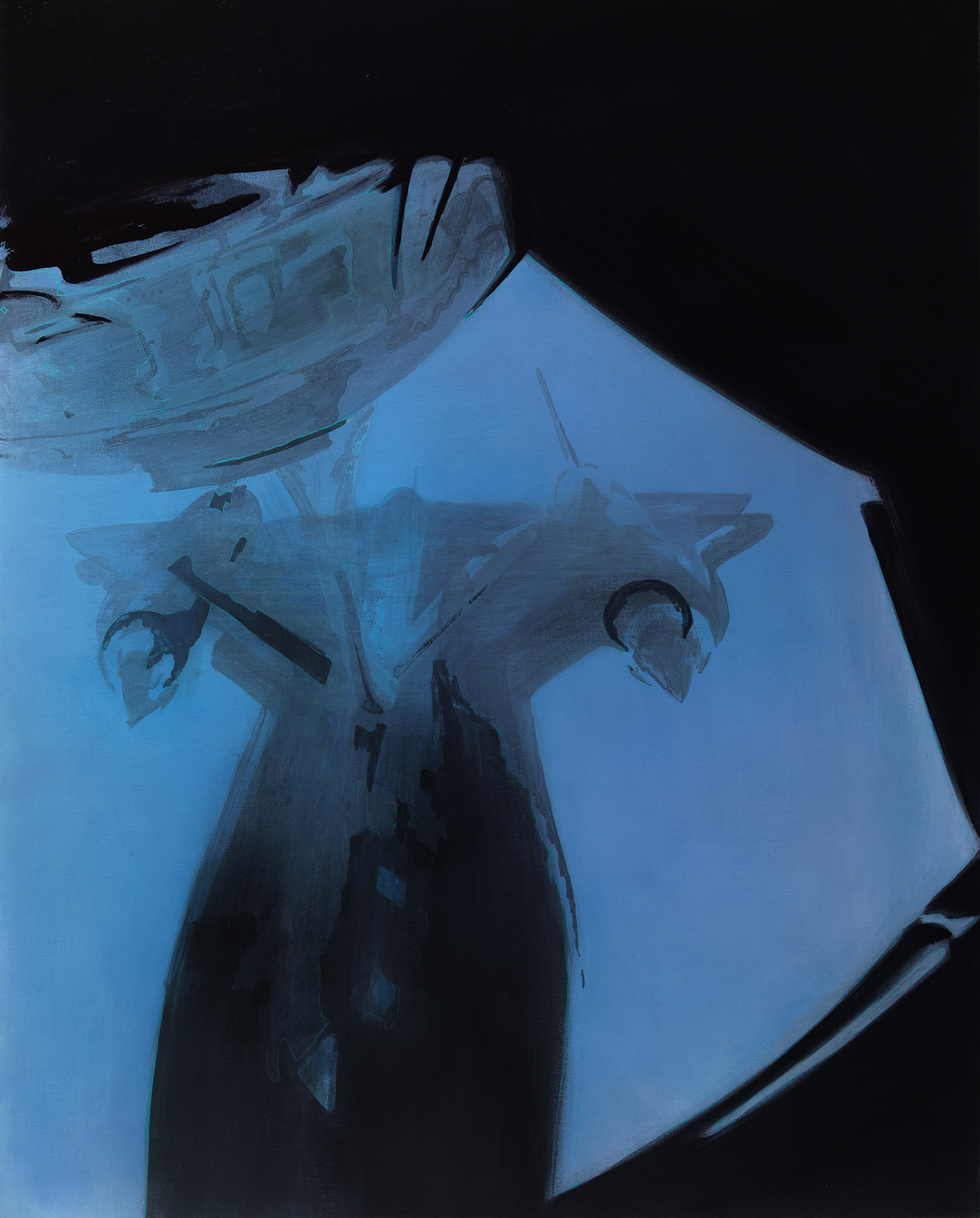 An abstract oil painting dominated by cool blue tones depicts a gestural, bird-like form against a dark background. The composition uses bold brushstrokes and layered translucent passages to create a sense of movement and depth within the monochromatic palette.