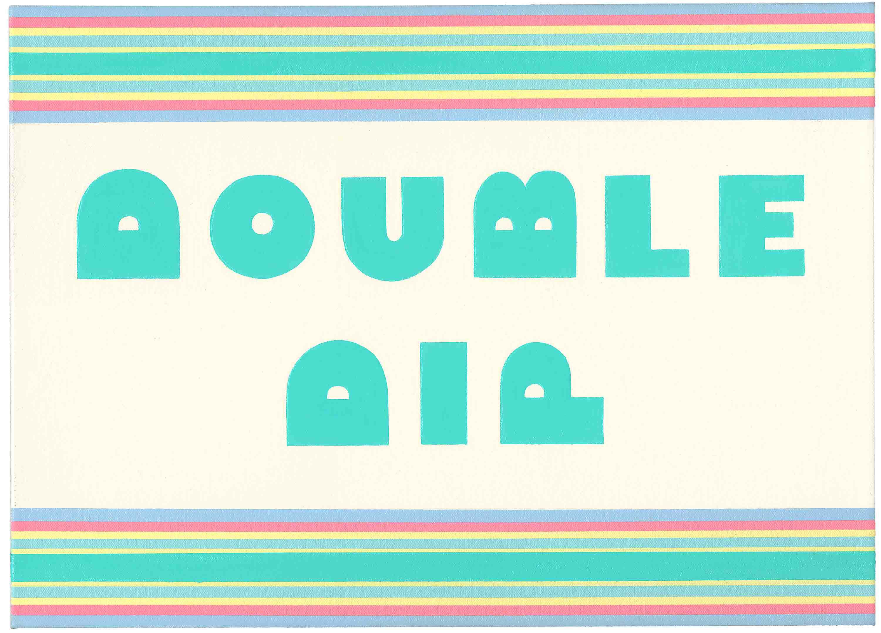 Turquoise geometric letterforms spelling "DOUBLE DIP" arranged across a cream-colored background, flanked by vibrant horizontal stripes in pink, yellow, and blue at the top and bottom edges.