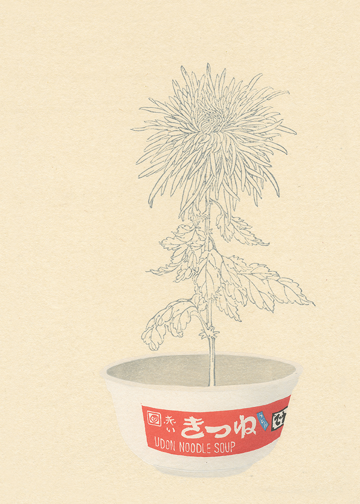 A delicate line drawing of a wilting chrysanthemum with drooping petals and leaves emerges from an instant udon noodle soup bowl with red labeling, set against a cream-colored background.