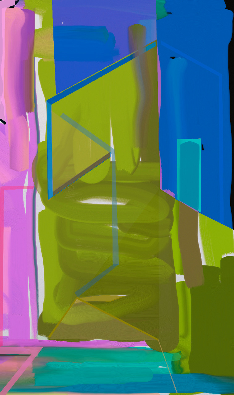 A vibrant abstract composition featuring overlapping geometric forms in brilliant lime green, magenta pink, and electric blue. Angular planes and cylindrical shapes intersect throughout the composition, creating a sense of three-dimensional depth, while thin linear elements and contrasting teal accents guide the viewer's eye across the dynamic, layered surface.