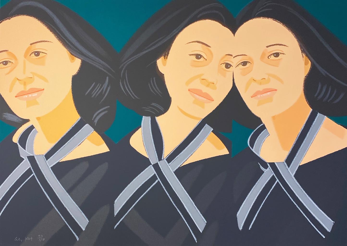 Three women with dark hair and serene expressions face forward against a teal background, each wearing black garments with light gray ribbon bows. The figures are rendered in a flat, simplified style with warm skin tones and minimal facial detail, creating a contemplative, portrait-like composition.