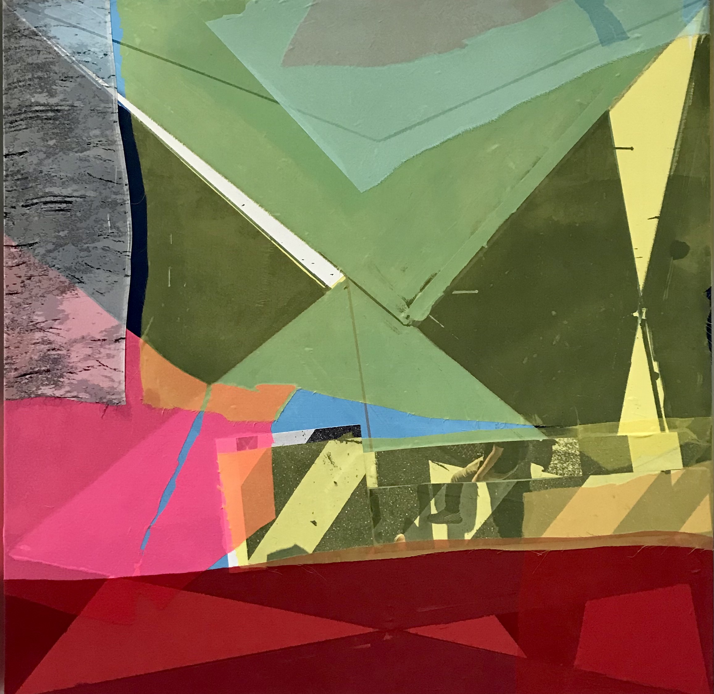 Vibrant abstract composition featuring overlapping geometric shapes in shades of green, pink, red, yellow, and blue, with translucent layered planes creating depth and movement across the canvas. Textured surface combines painted elements with fabric and digital components, evoking a sense of fragmented, dynamic space.