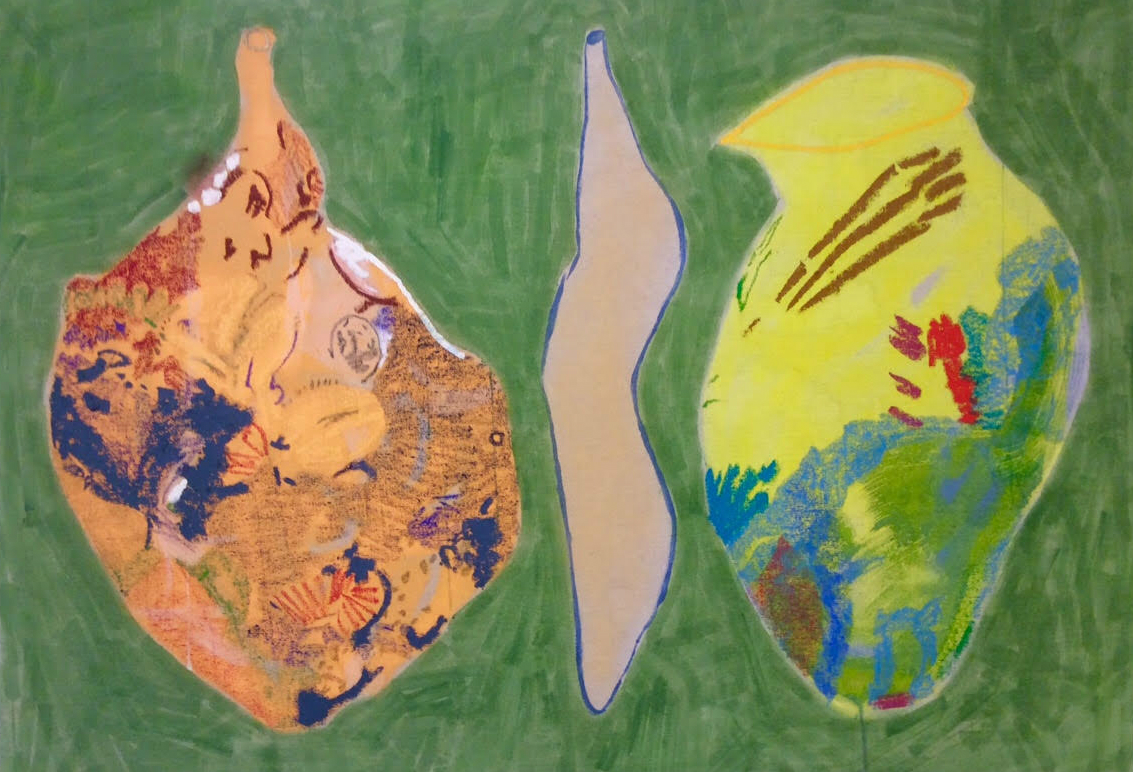 Three organic, leaf-like forms painted against a green background: the left rendered in warm orange and rust tones with dark blue accents, the center a pale cream silhouette, and the right a vibrant yellow-green with layered blues, reds, and earth tones. The stylized shapes suggest natural or biological forms with gestural brushwork and mixed media surfaces.