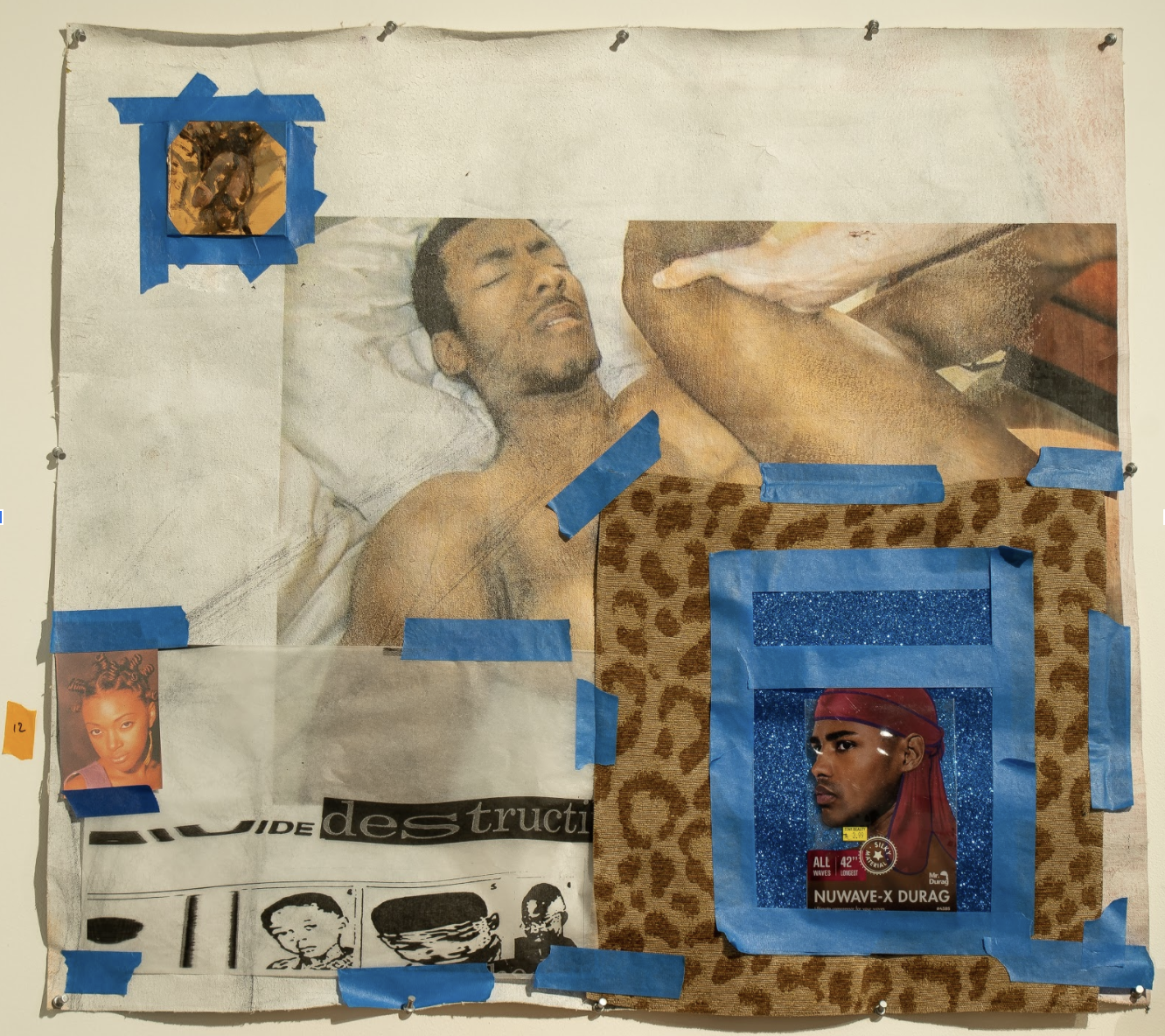 A mixed-media collage on canvas featuring a reclining male figure in earthy tones positioned alongside various cut-out printed images and materials held in place with blue tape. Leopard-print fabric, magazine clippings, and small portrait photographs are layered and taped across the composition, creating a fragmented, assembled aesthetic with contrasting warm and cool tones.