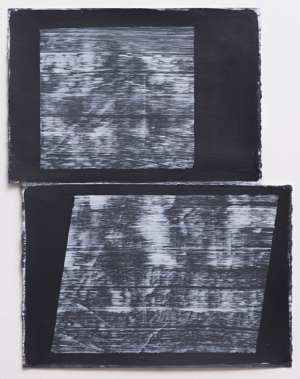 Two stacked rectangular panels with dark borders framing textured, horizontal striations in shades of gray and white, creating an abstracted, layered composition with a weathered or gestural surface quality.