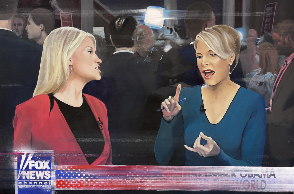 Two blonde women in professional attire engage in conversation on a television set, with a Fox News channel banner visible at the bottom. The painting depicts them against a background of studio audience members and lighting, rendered in oil with visible brushwork that creates a gestural, painterly quality across the composition.