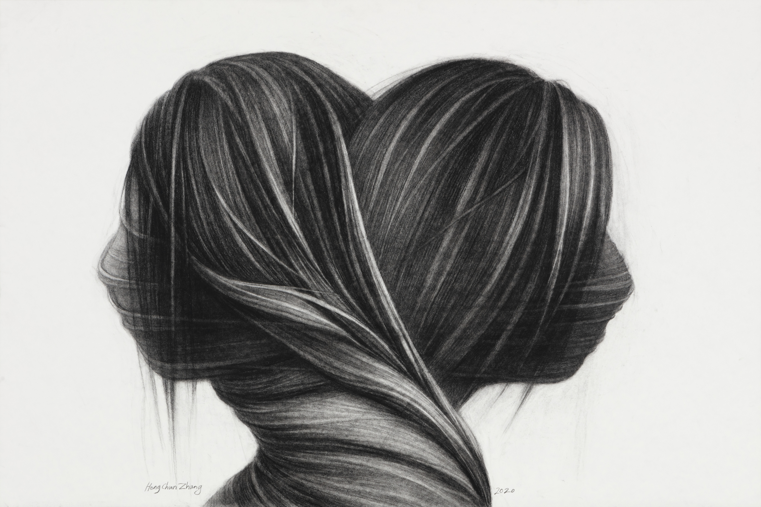 Two figures shown from behind with long dark hair forming a heart shape, rendered in charcoal with delicate linear hatching that creates volume and movement throughout the composition.