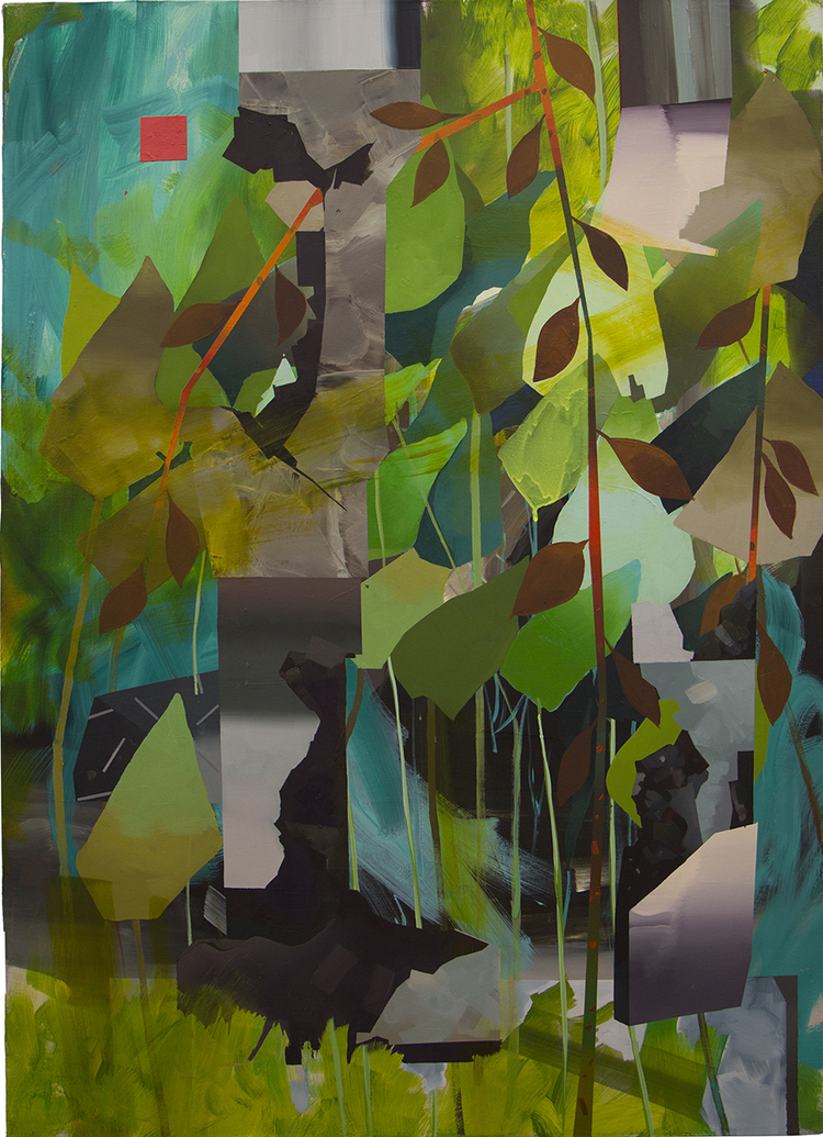 Abstract composition featuring layered green, yellow, and teal tones with organic leaf and branch forms overlaid on geometric rectangular shapes in black, gray, and white. A small red square appears in the upper left, while warm orange-red linear elements weave through the cool-toned palette, creating depth through translucent and opaque paint application.