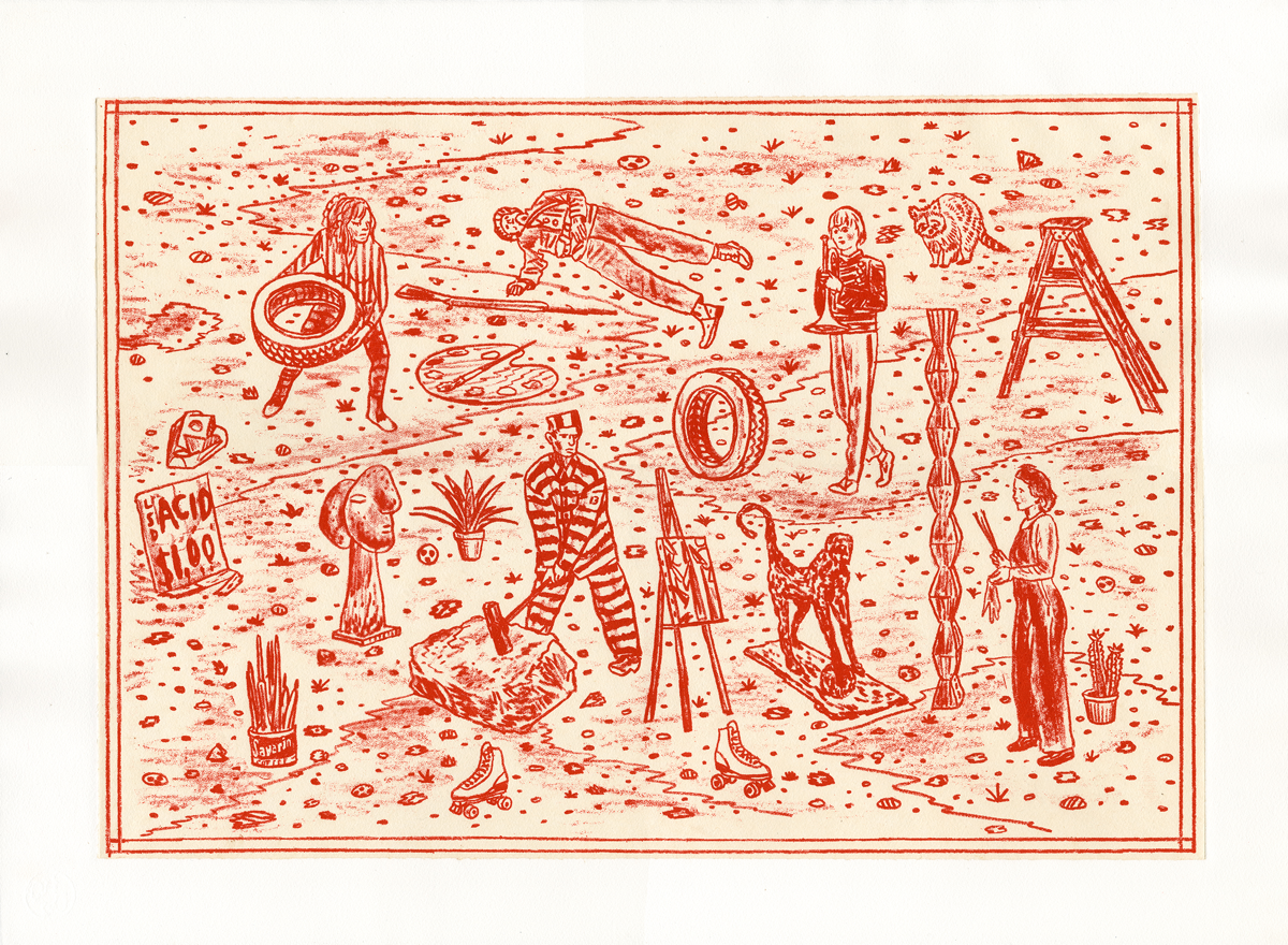 Red woodblock print on cream paper depicting a surreal desert landscape populated with figures engaged in various activities—some holding inflatable objects, others posing on stilts or ladders, with cacti, rocks, and geometric shapes scattered throughout the composition. The gestural, high-contrast imagery creates a dreamlike scene rendered entirely in bold red lines and marks.