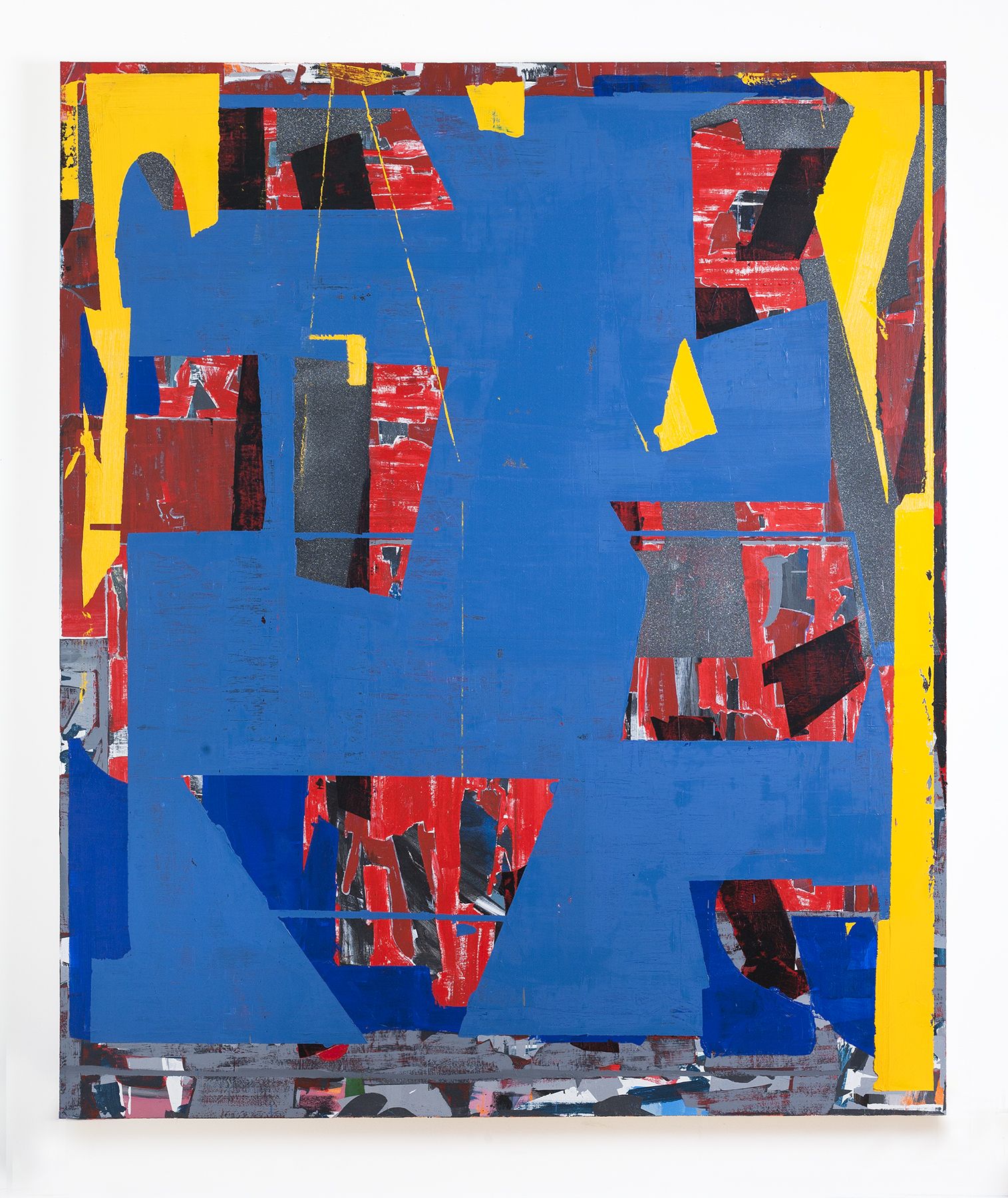 Abstract composition dominated by a vibrant blue field with layered geometric shapes in red, yellow, and gray throughout. Bold yellow vertical forms frame the edges while fragmented red and dark gray rectangular elements are scattered across the canvas, creating a dynamic interplay of color and texture.