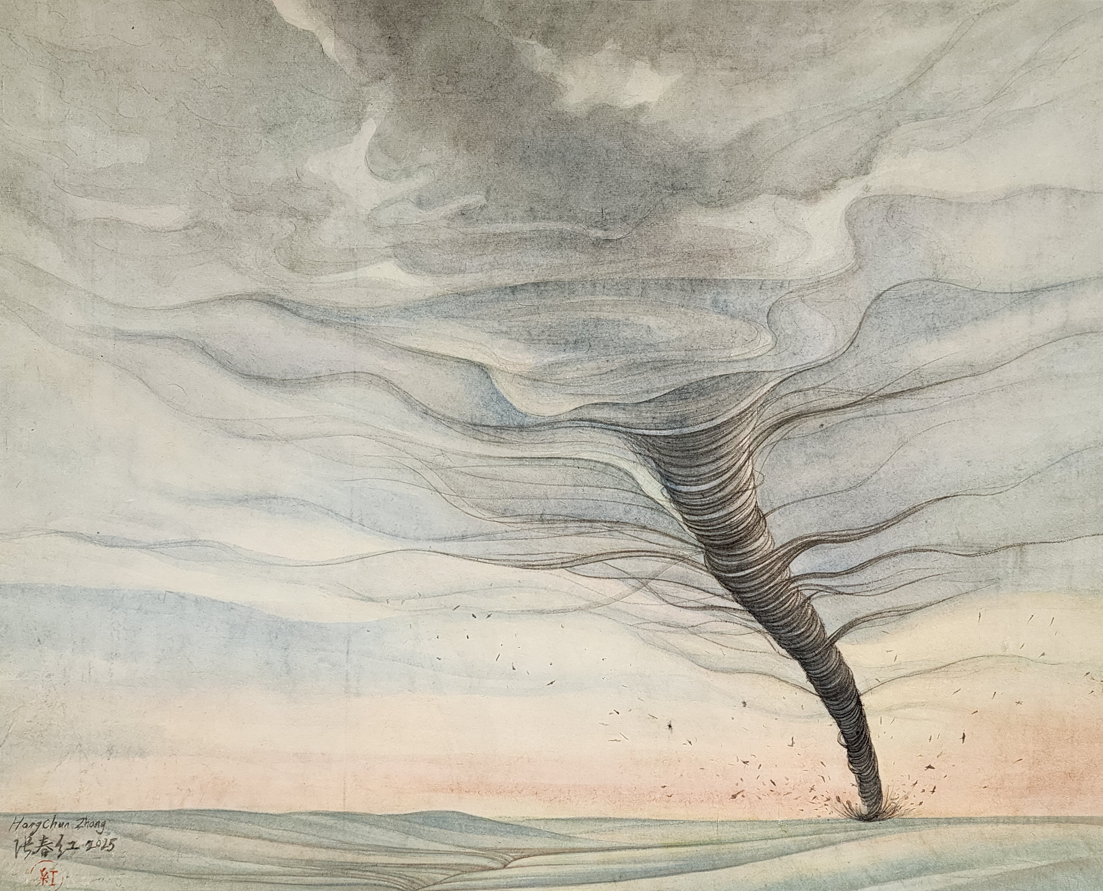 A delicate watercolor and ink drawing depicting a towering tornado or funnel cloud spiraling upward from a flat, horizonal landscape. The composition features soft washes of pale blue, beige, and gray in the sky and ground, with the central funnel rendered in precise, dense linear marks that create dramatic movement and volume against the serene surroundings.