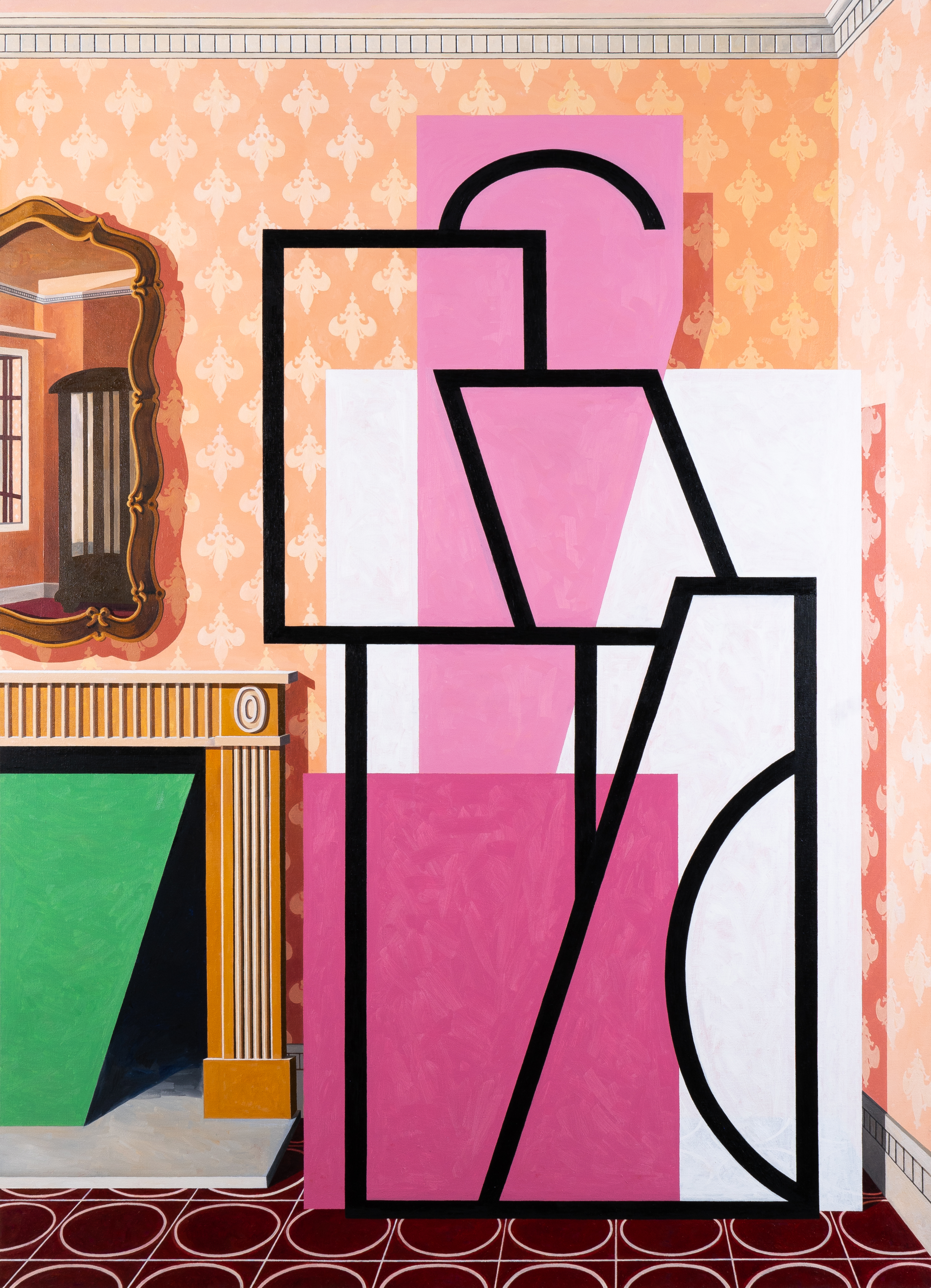 A vibrant interior scene featuring geometric abstract shapes in pink, white, and black overlaid on peach-patterned wallpaper. Bold black-outlined forms create a fragmented composition, while classical architectural elements including an ornate mirror and decorative moldings frame the left side, contrasting with modernist abstraction and a glimpse of green space beyond.
