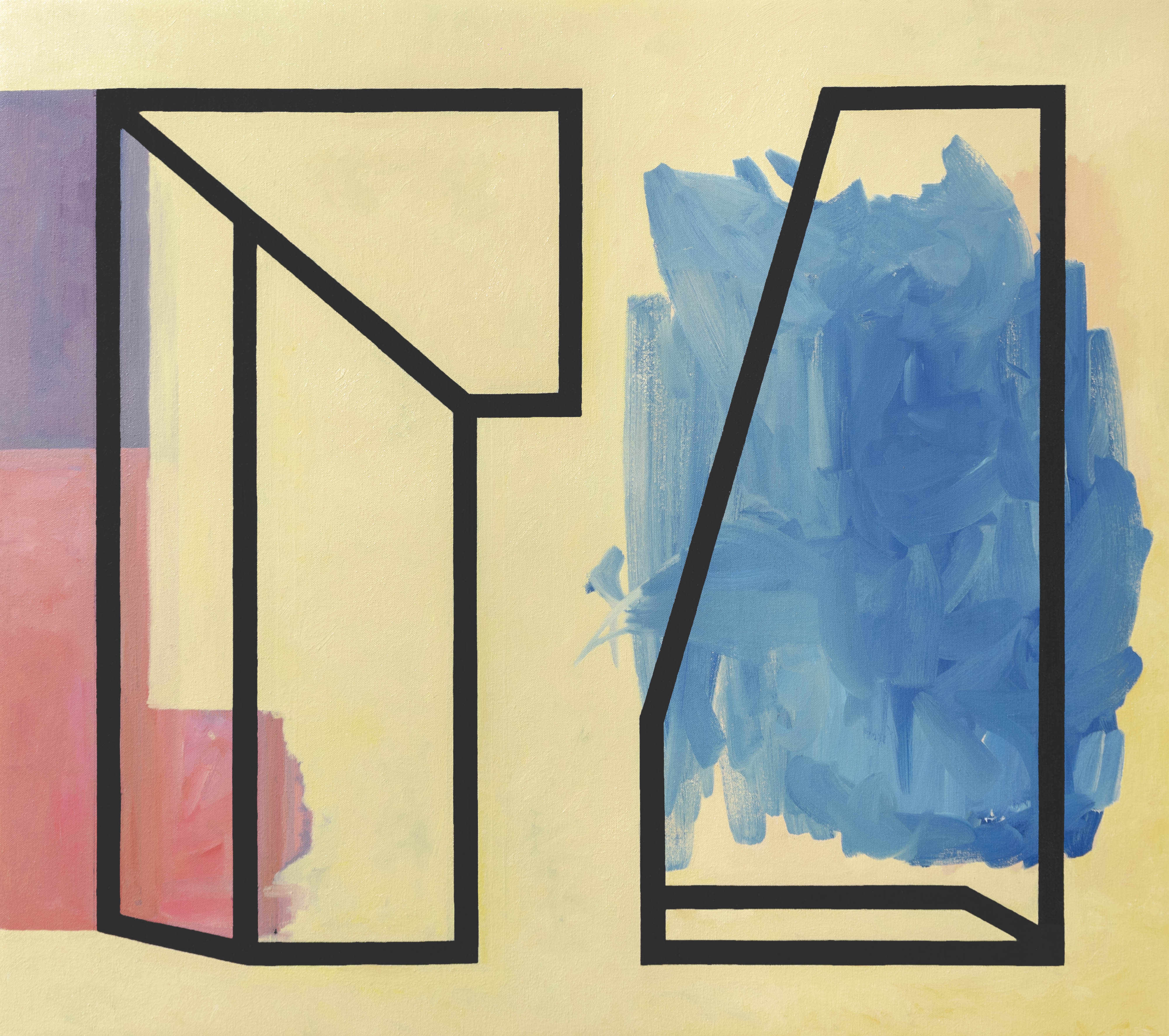 Two framed rectangular panels with bold black outlines against a pale yellow background. The left panel contains soft pink and lavender brushstrokes, while the right panel is filled with gestural blue brushwork. The geometric frames create a stark contrast with the expressive, abstracted painted forms within them.