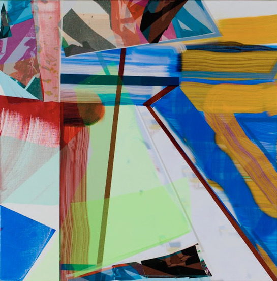 Abstract composition featuring overlapping geometric shapes in vibrant blues, yellows, reds, and greens. Layered transparent and opaque materials create depth, with visible brushstrokes and linear marks intersecting across the canvas, suggesting movement and fragmentation.